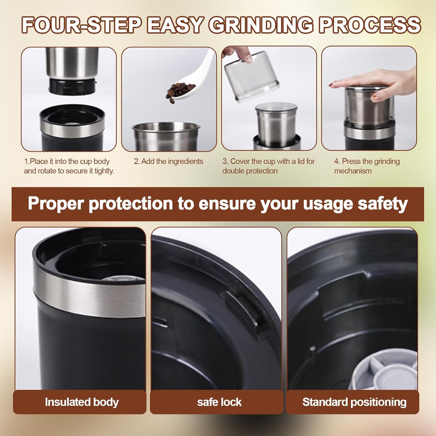 Spice Grinder, 200W Powerful Electric Coffee Bean Grinder with 2 Removable Stainless Steel Bowls, 100g Capacity Large Capacity for Coffee Bean Spices and Seeds