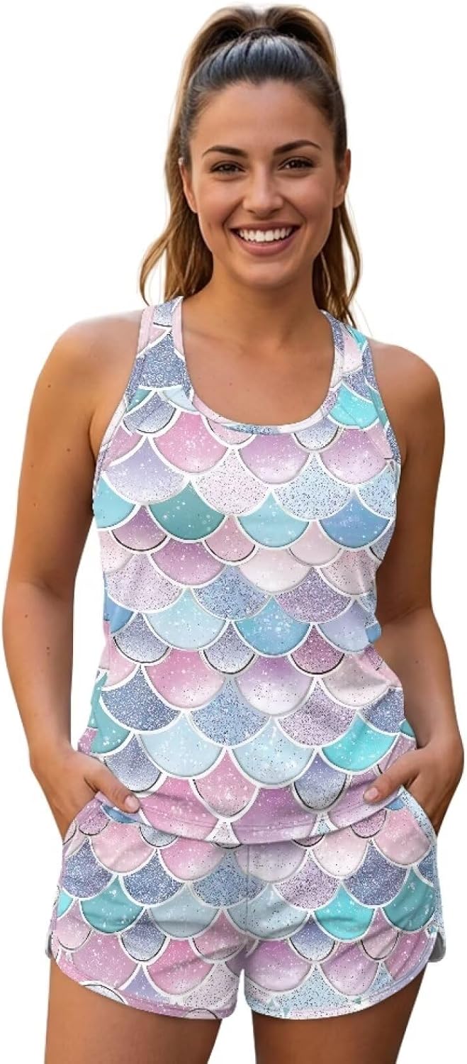 Two Piece Plus Size Crew Neck Tankini Swimsuits for Women,Soft Washable Athletic Swimwear with Pockets Size S-6XL