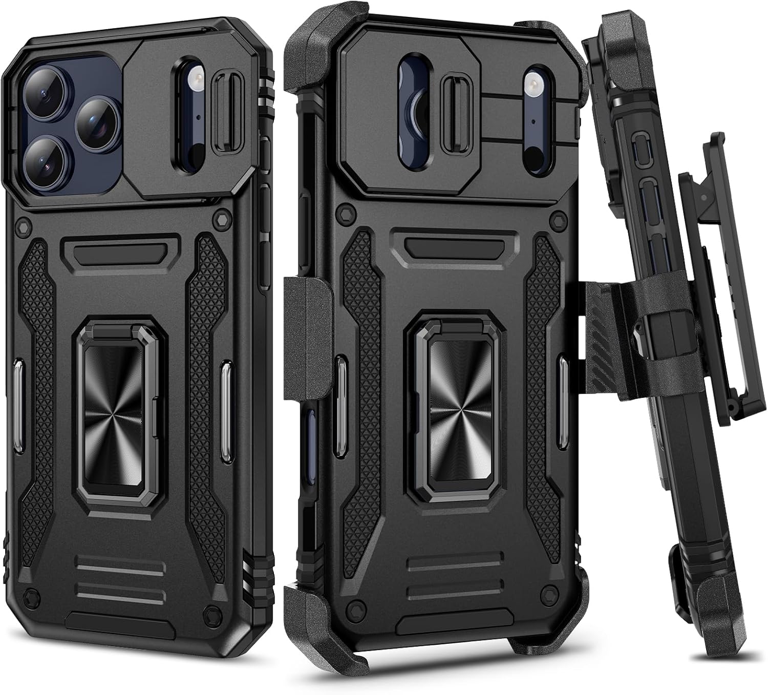 for iPhone-17-Pro-Max Case, with Belt Clip Holster & Slide Camera Cover & 360°Rotatable Ring Kickstand Military Grade Heavy Duty Protection Shockproof Case for iPhone 17 ProMax 2025 - Black