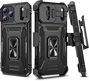 VEGO for iPhone 17 Pro Max Case with Belt Clip Holster and Kickstand Black | Slide Camera Lens Protector & Ring Kickstand Military Grade Heavy Duty Protection Cover for iPhone 17 ProMax - Black