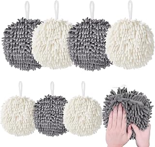 Yigood 8 Pack Chenille Hanging Hand Towel Ball with Hanging Loop Plush Quick-Drying Towel Soft High Absorbent Hand Towel for Kitchen Washstand or Powder Room(4Gray +4White)