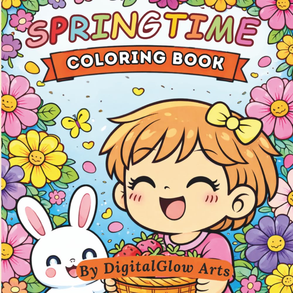 Springtime Coloring Book: 40 Illustrations of Spring Flowers, Kawaii kids and Outdoor Scenes