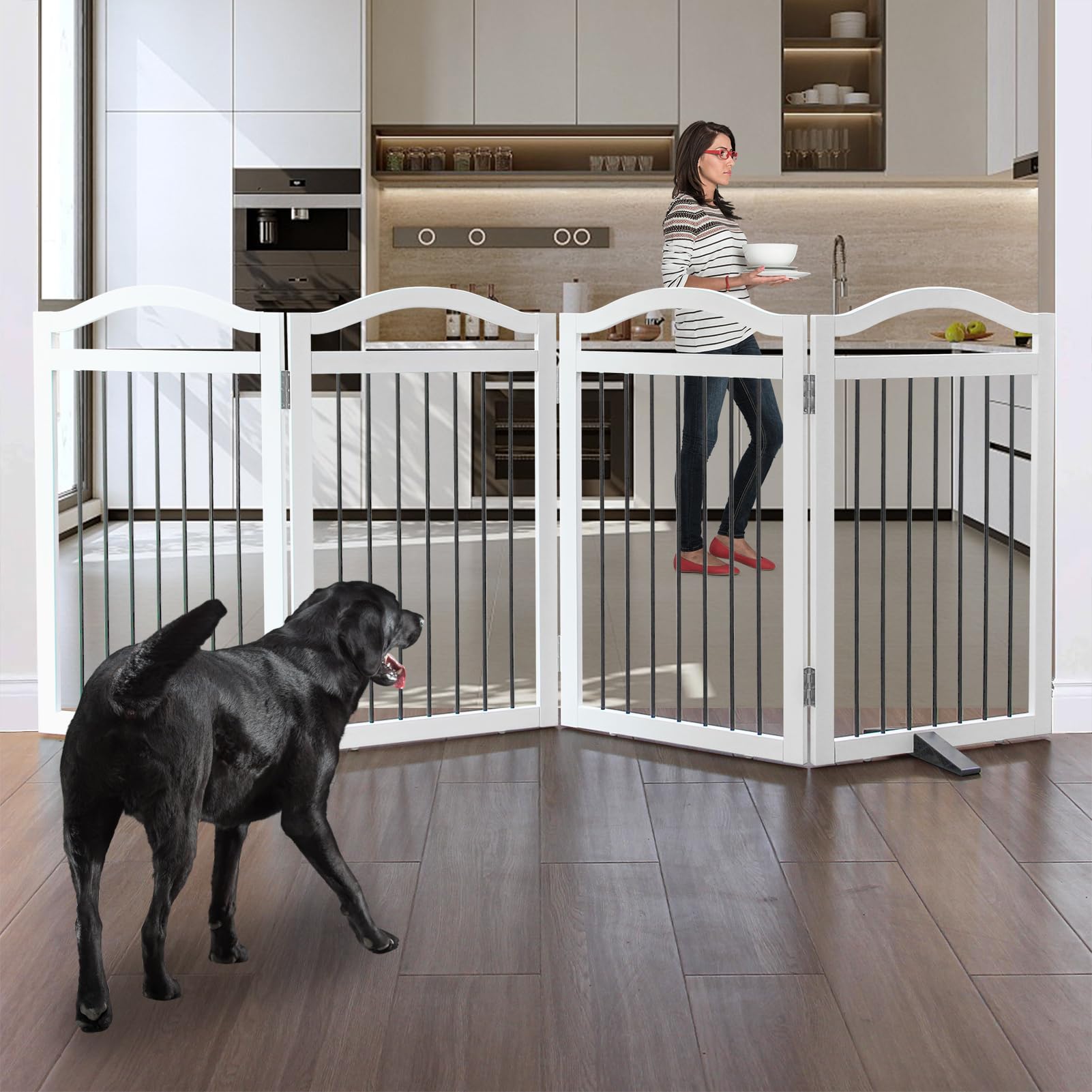 ZJSF Freestanding Foldable Dog Gate Indoor, Pet Gate for Doorways, Dog Fence for The House, Sturdy Wood Puppy Gate for Stairs, White Dog Gates with Support Feet for Hallways, 32 "Height-4 Panels