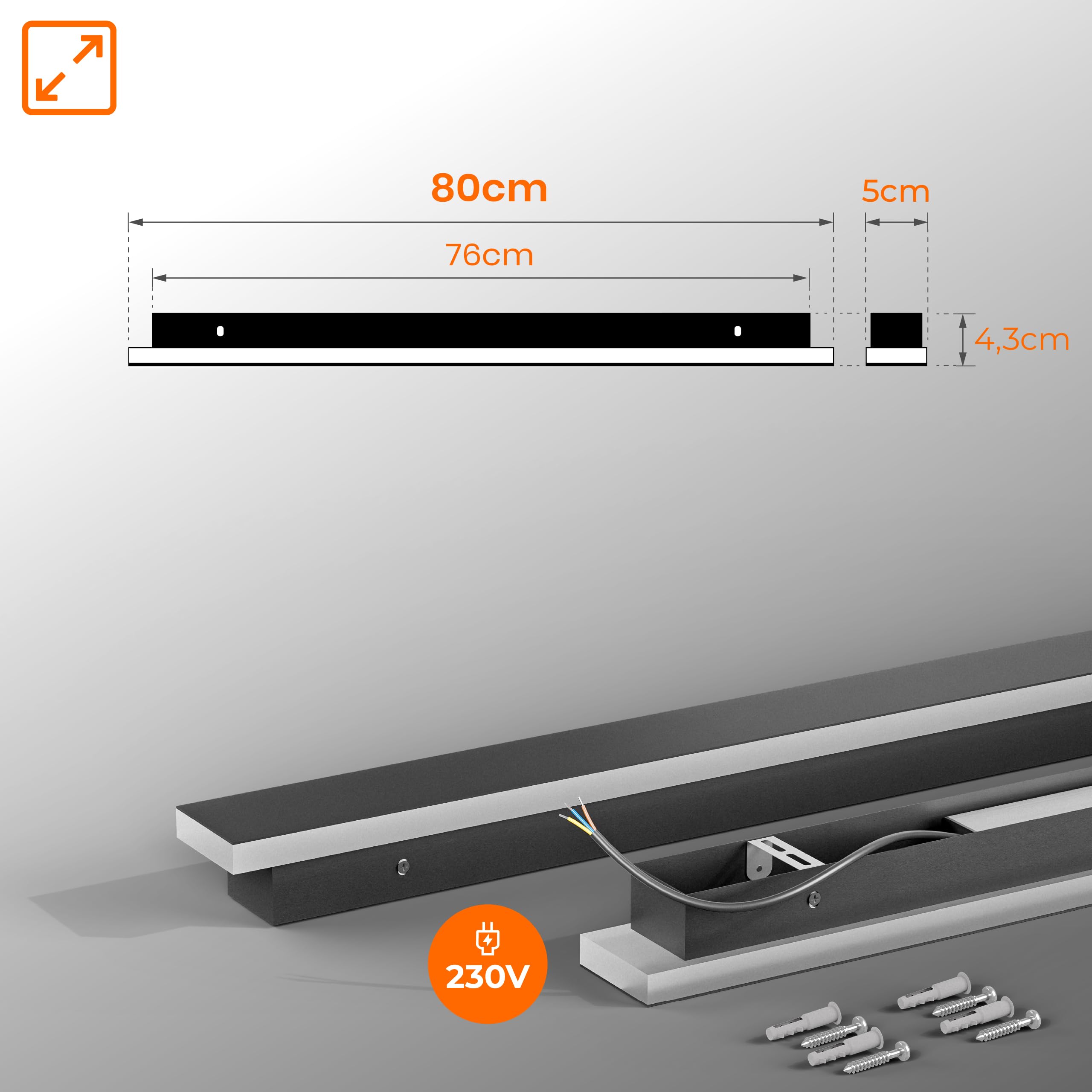 SmartLED Wandleuchte Schwarz Wasserdicht IP65 Metall-Polycarbonat-PC Außen LED für Gärten, Terrassen, Schlafzimmer, Wohnzimmer Innen, 80cm/25w, Neutrales Licht, 1820 LM (Länge 80 cm)