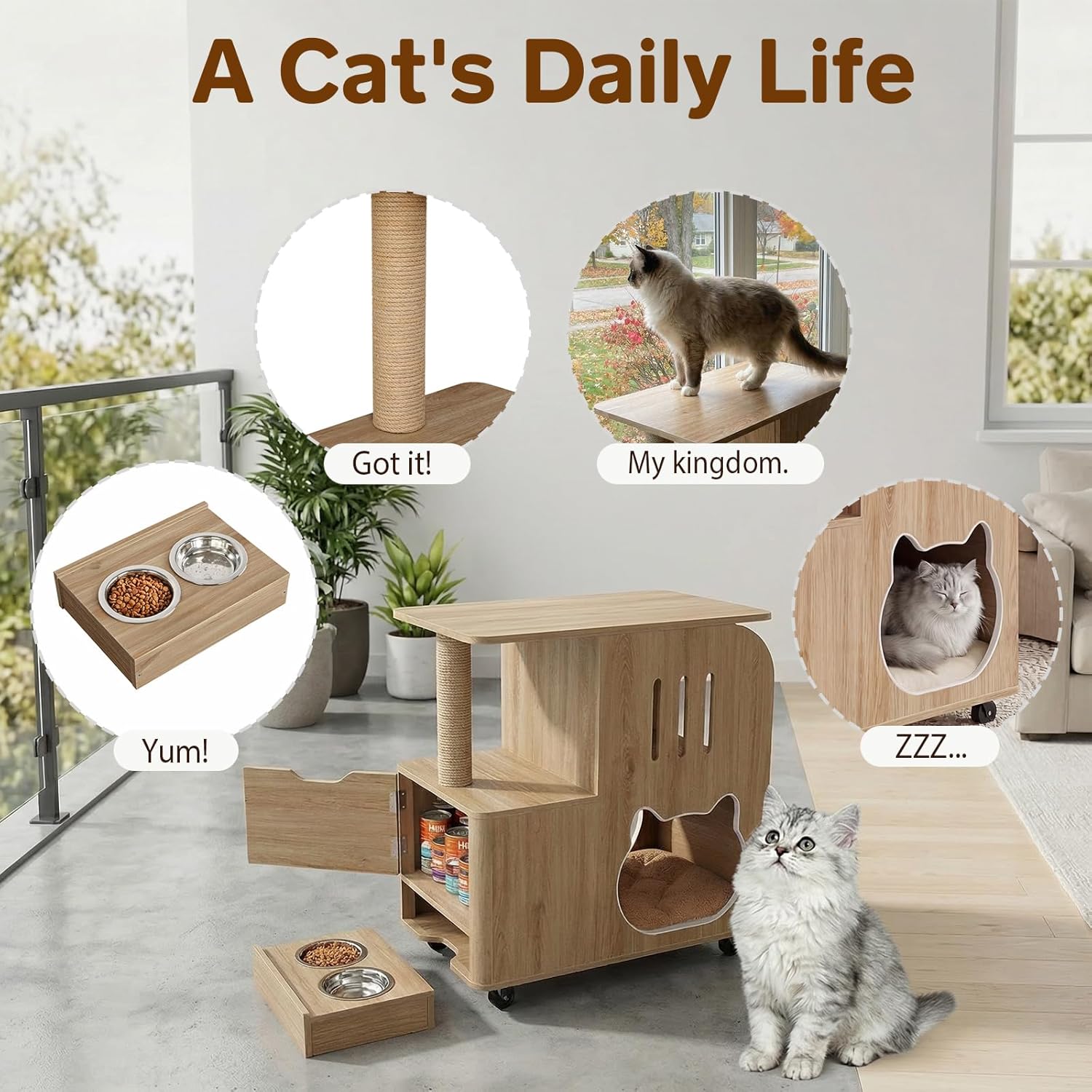 Dog Proof Cat Feeding Station with Two Feeding Bowls, Cat Feeding Station with Scratching Board, Raised Bowls for Indoor Cats, All-in-One Cat Food Table Cart with Moving Wheels