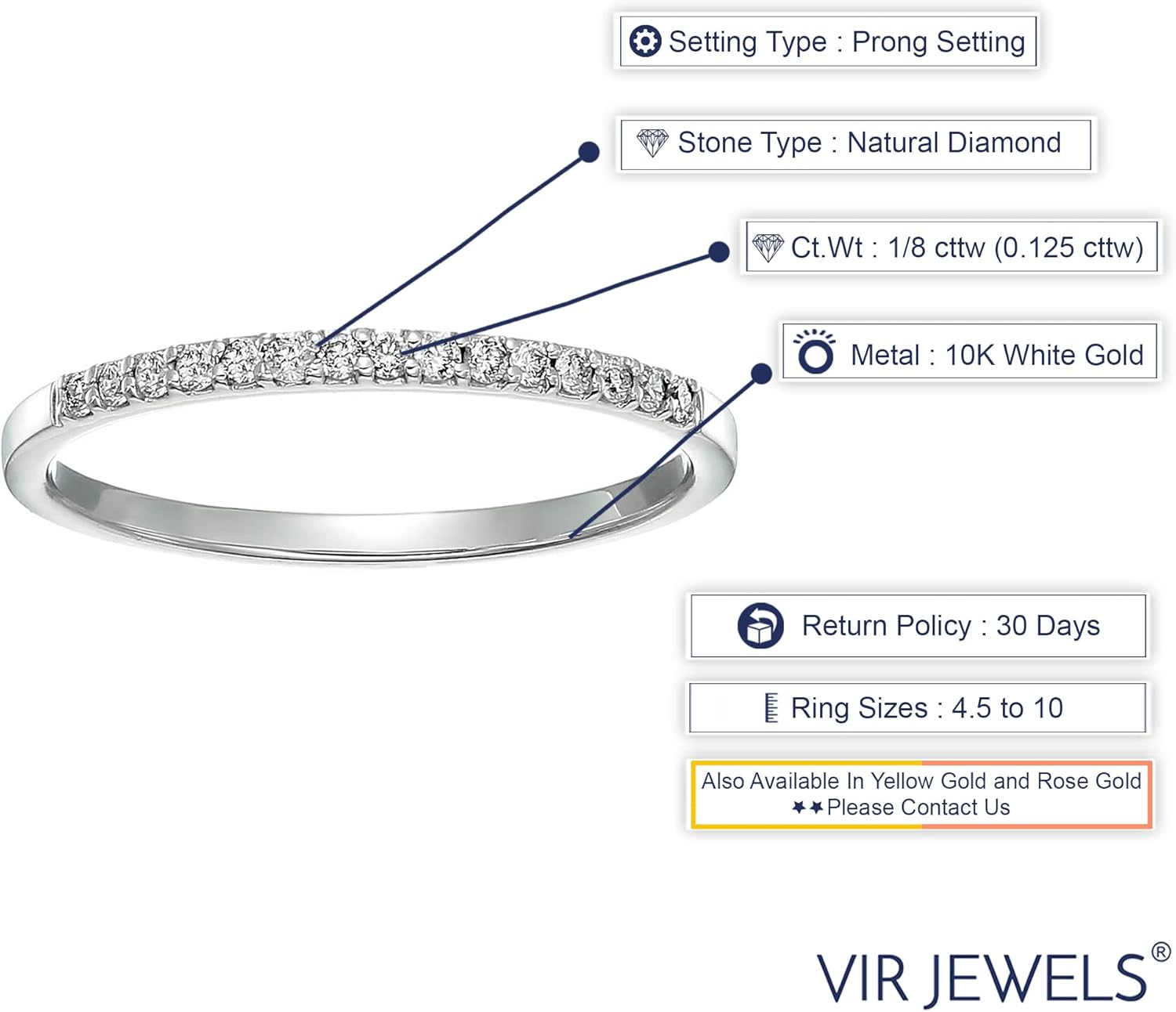 VIR JEWELS 1/8 cttw Diamond Wedding Anniversary Band for Women, Round Diamond Engagement Ring 10K White Gold Prong Set 0.125 cttw, Size 3.5-10