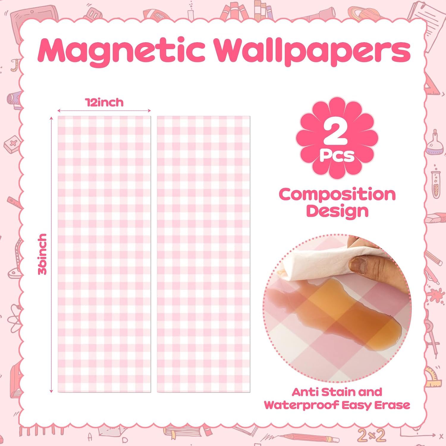 Janlaugh 2 Pack 36 x 12 Magnetic Locker Wallpaper Back to School Removable Reusable Magnetic Wall Cover Sheet for School Lockers Fridge Metal Door Girls Decorations Office Supplies(Gingham,Pink)