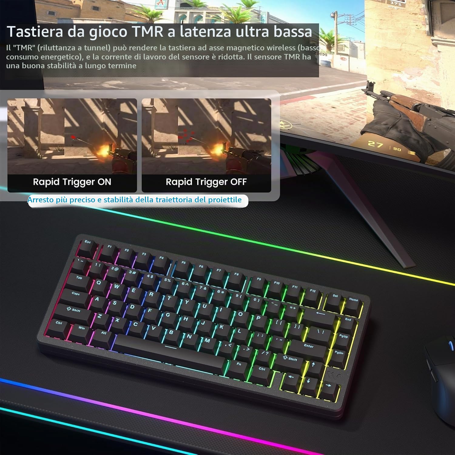 SK75 TMR - Tastiera meccanica senza fili in alluminio, 75% alluminio, ANSI US, pre-lubed POM Switches RGB Creamy Gaming Keyboard, 3 modalità BT5.0/2.4G/USB-C, Hot Swappable Keyboard con