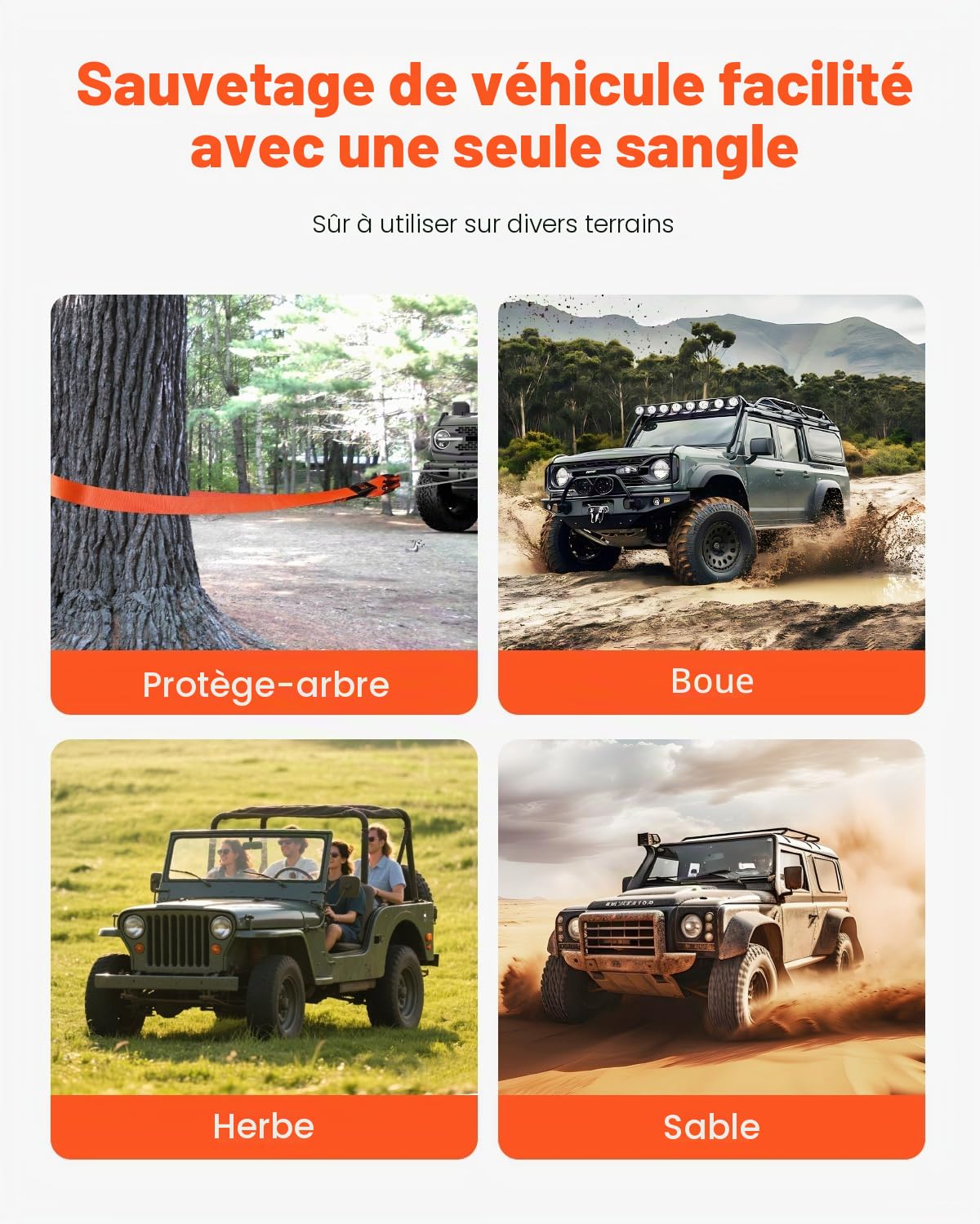 VEVOR Sangle de Remorquage Récupération Cinétique, 76,2 mm x 6,1 m, Résistance à la Rupture 16329 kg, avec Manchons de Protection, Sac de Rangement, Manilles à Anneau D 19 mm, pour Camions, SUV, VTT