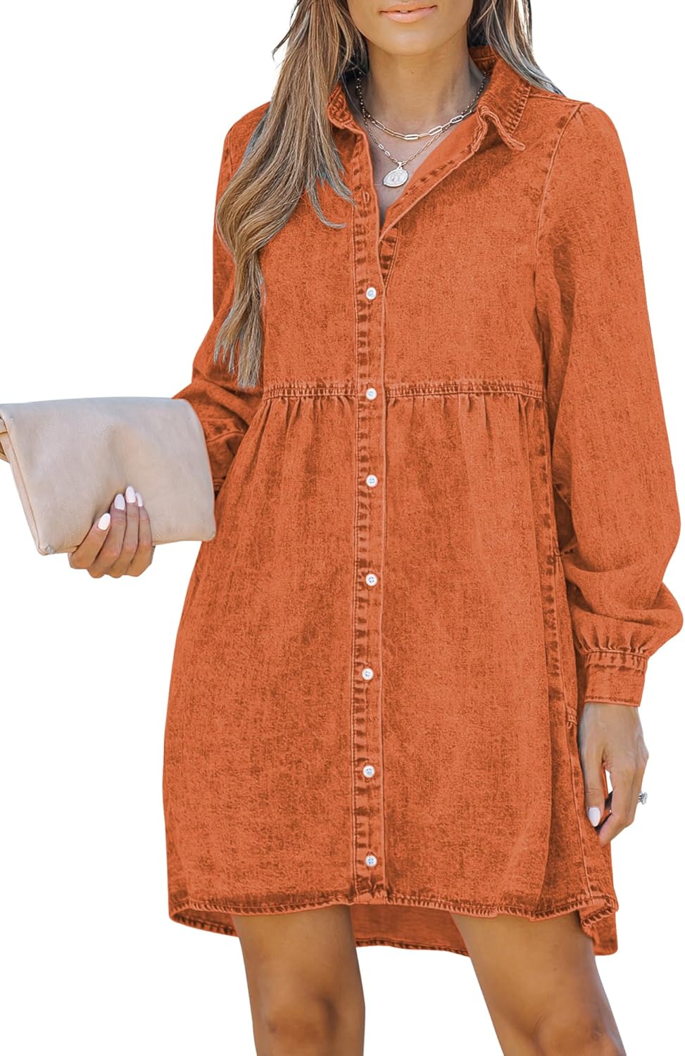 LookbookStore Long Sleeve Denim Dress for Women Jean Dress Button Down Casual Babydoll Denim Shirt Dress