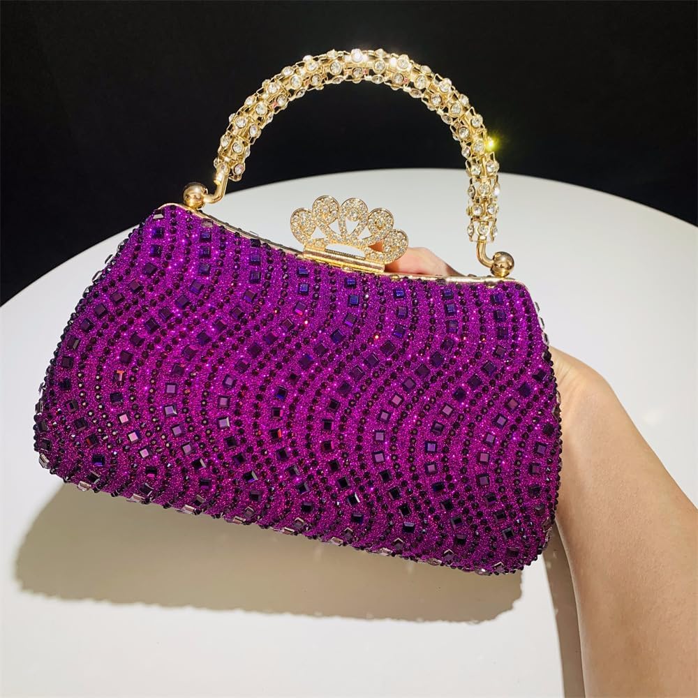 Women's Crystal Evening Rhinestone Handbag with Gold Handle Crown Claspr, Detachable Chain Formal Purse for Prom Gala for Wedding Party (Fuchsia)