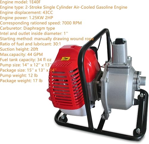 Miniatura 2 de Bomba de transferencia de agua a gas 43CC 2 tiempos 2HP gasolina gasolina bomba de agua transferencia 1250W 7000RPM 44GPM alto flujo para riego