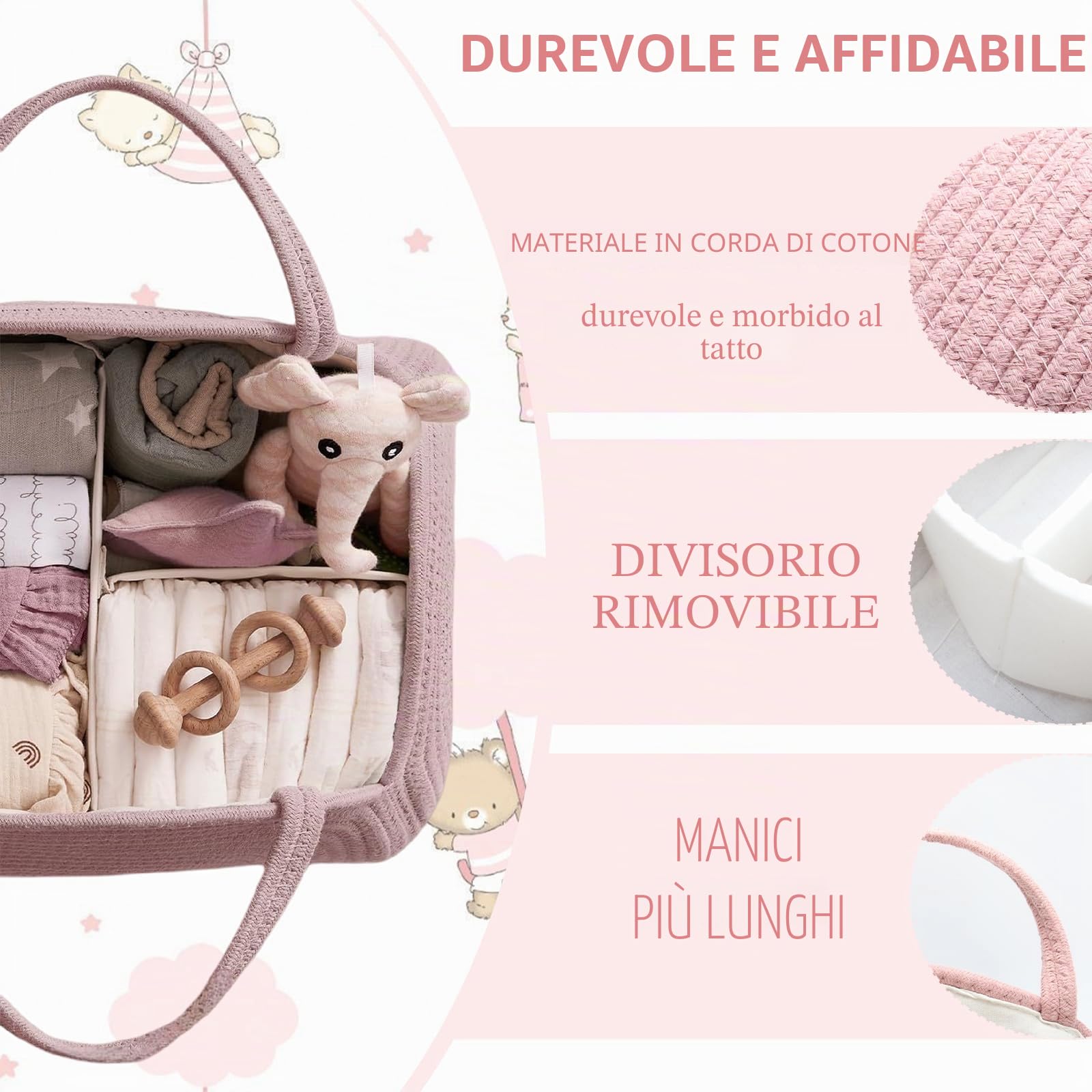 Organizer per pannolini, cestino per pannolini per bambini, cestino portatile per il fasciatoio, organizer con scomparti e maniglie, cestino in corda di cotone per baby shower (rosa)