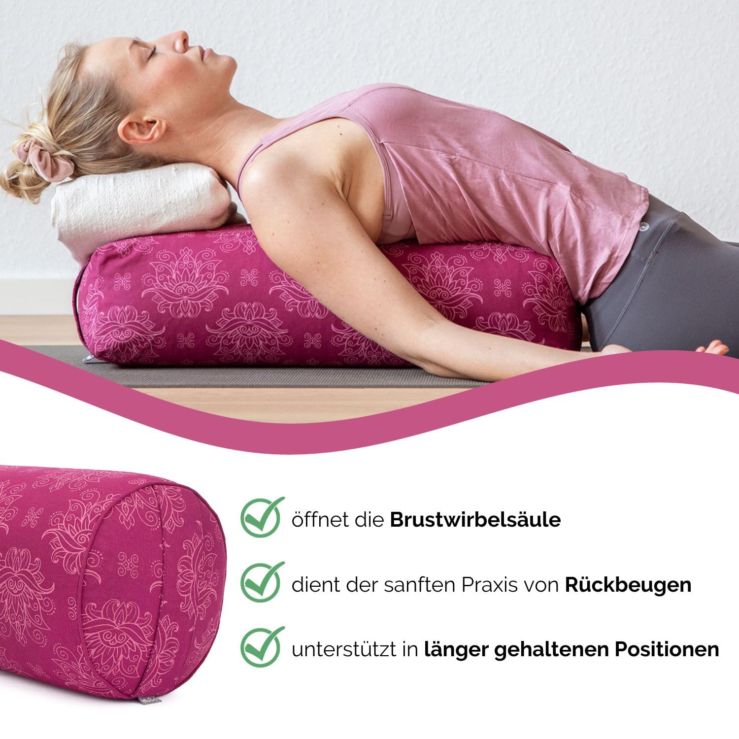 Bodhi Cuscino Bolster per Yoga Ø 23 cm | Maharaja Collection | Rivestimento Rimovibile e Lavabile in 100% Cotone | Rullino Yoga con Imbottitura di Farro Bio | Cuscino Yoga per Yoga Restaurativo & Yin