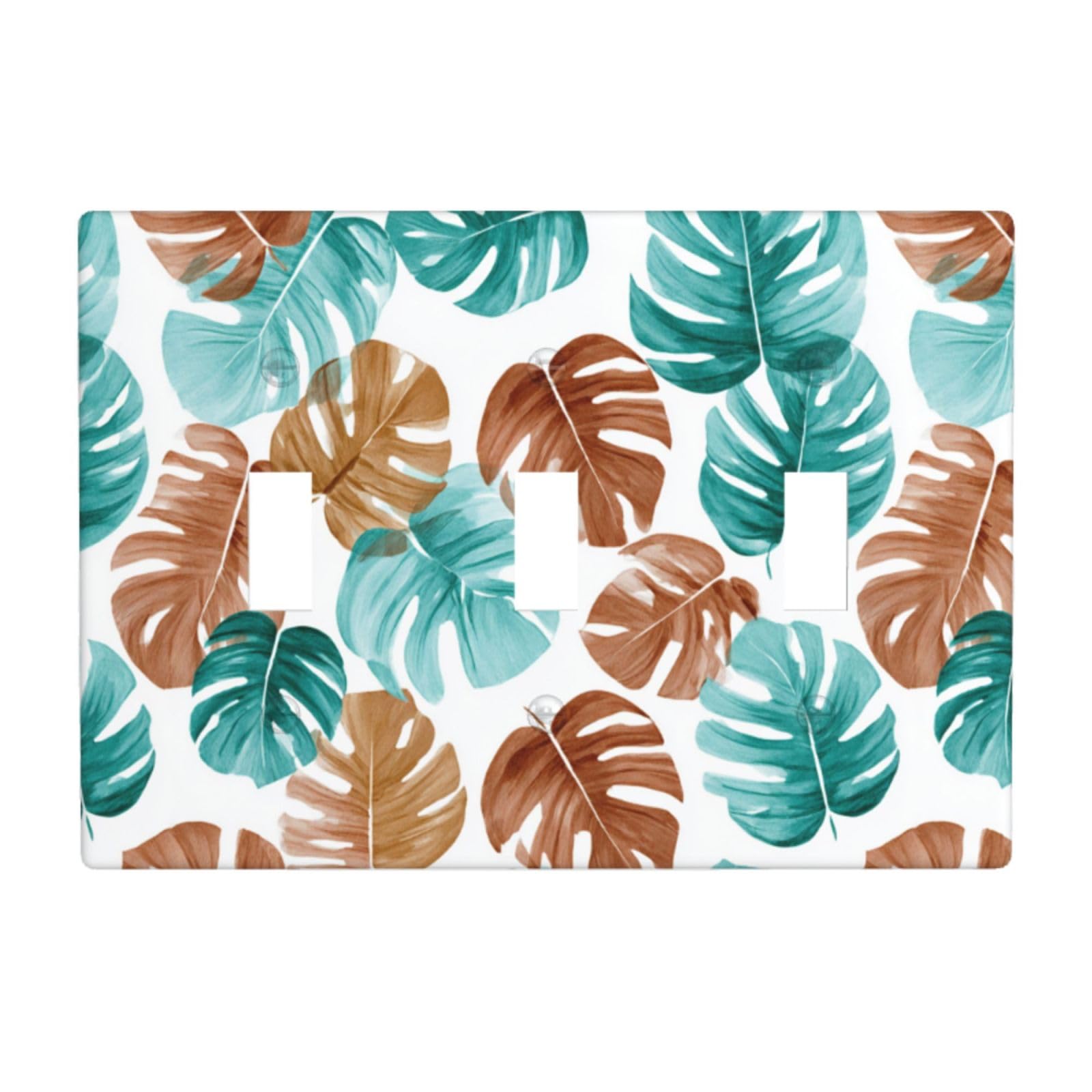 Woshuwo White Watercolor Monstera Pattern Brown Green Light Switch Covers 3 Gang Triple Toggle Wall Plate Switchplate Electrical Faceplate For Bathroom Kitchen Bedroom Decor
