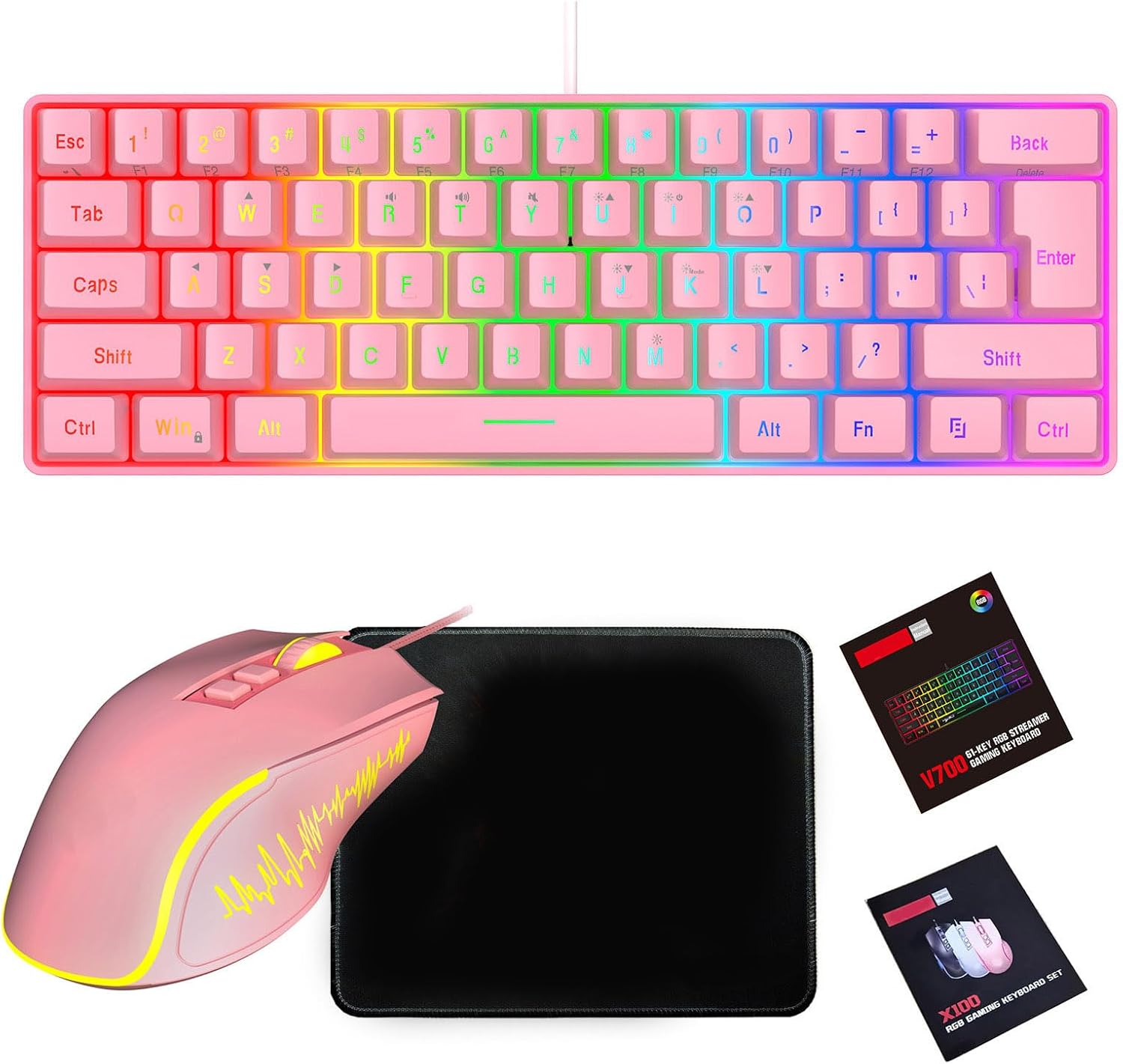 VBESTLIFE RGB Gaming Keyboard and Mouse Combo with Mouse Pad, Wired Mechanical Keyboard with Backlit Ergonomic Design for PC Gaming and Work (Roseate Set)