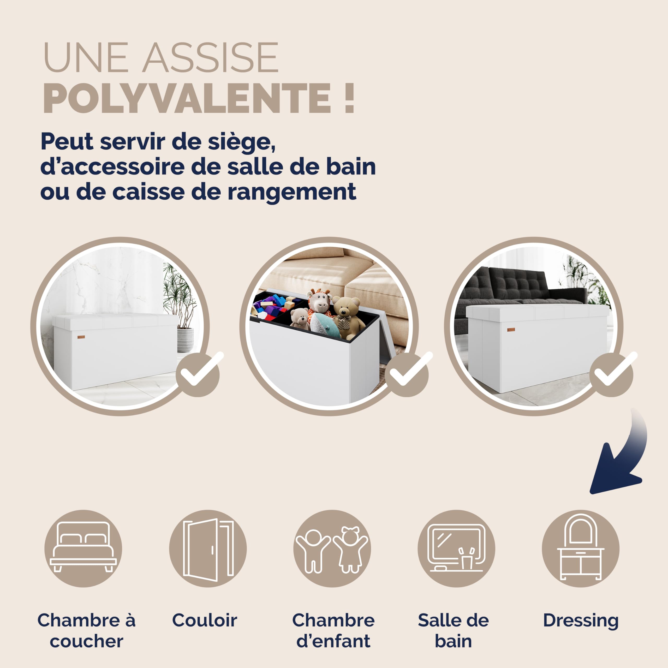 Casaria® Banc de Rangement Blanc 80 x 40 x 40 cm Siège Coffre de Rangement Pliable 100L pour Salon Chambre Couloir