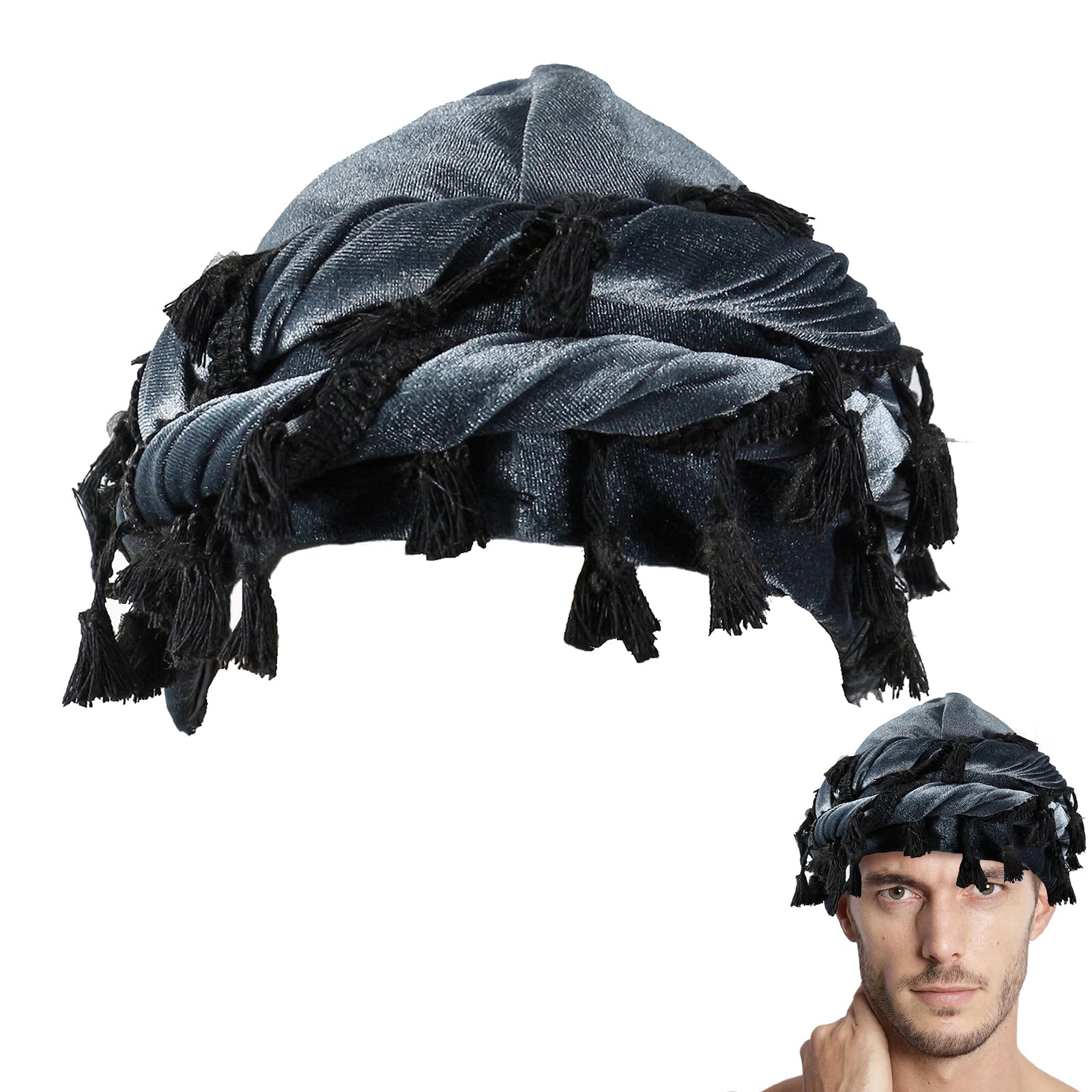 Adorila Velvet Durag Satin Lined Halo Turban Wraps, Unique Design Turban for Men, Tassel Beanie for Causal Life (Velvet, Grey)