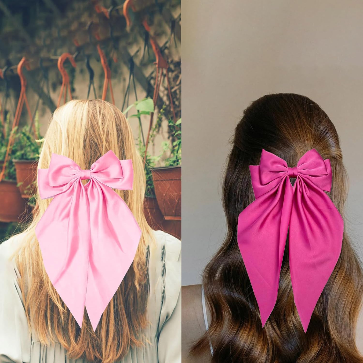 Pink Fuchsia Hair Bows Silky Satin Bows Oversized Long Tail Hair Bow Clips Barrettes Big Bowknot Hair Accessories Trendy Stuff for Women Girl - Image 4