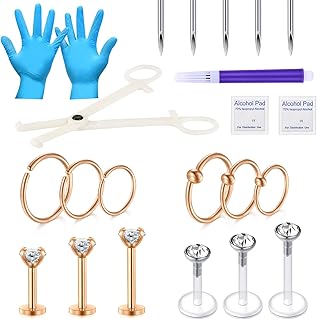 22PCS Ear Piercing Kit,14G Piercing Needles Piercing Clamps with 16G Cartilage Earring CZ Labret Monroe Ring Tragus Helix Earring Stud Barbell Piercing Jewelry Rose Gold Ear Lip Piercing Kit