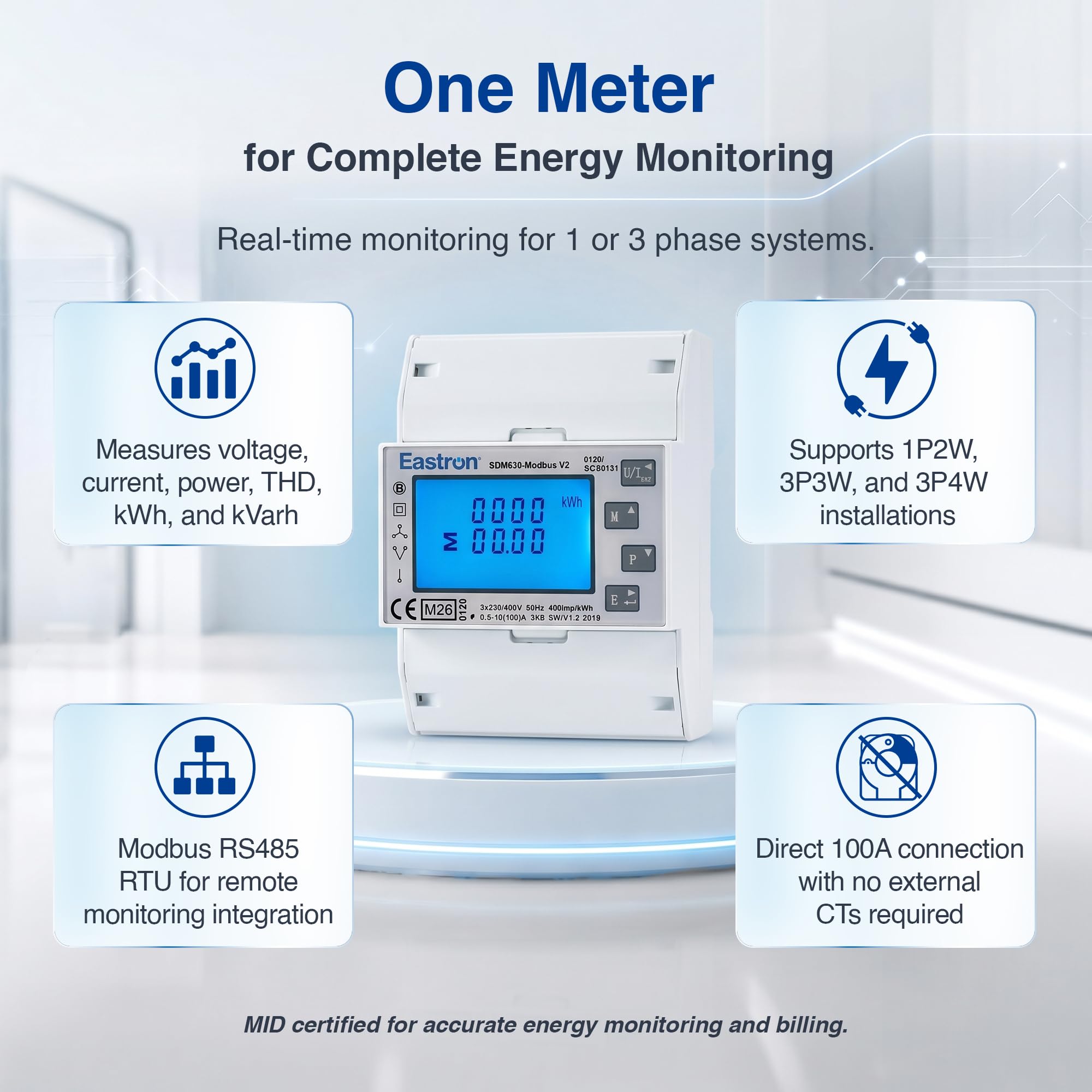 SDM630 Modbus Trifásica, Medidor de Energía Eléctrica,100 Amp kWh DIN-Rail Power Meter, Pulsmeter Modbus RS485 RTU. Pantalla táctil LCD digital con retroiluminación. Certificado MID/calibrado
