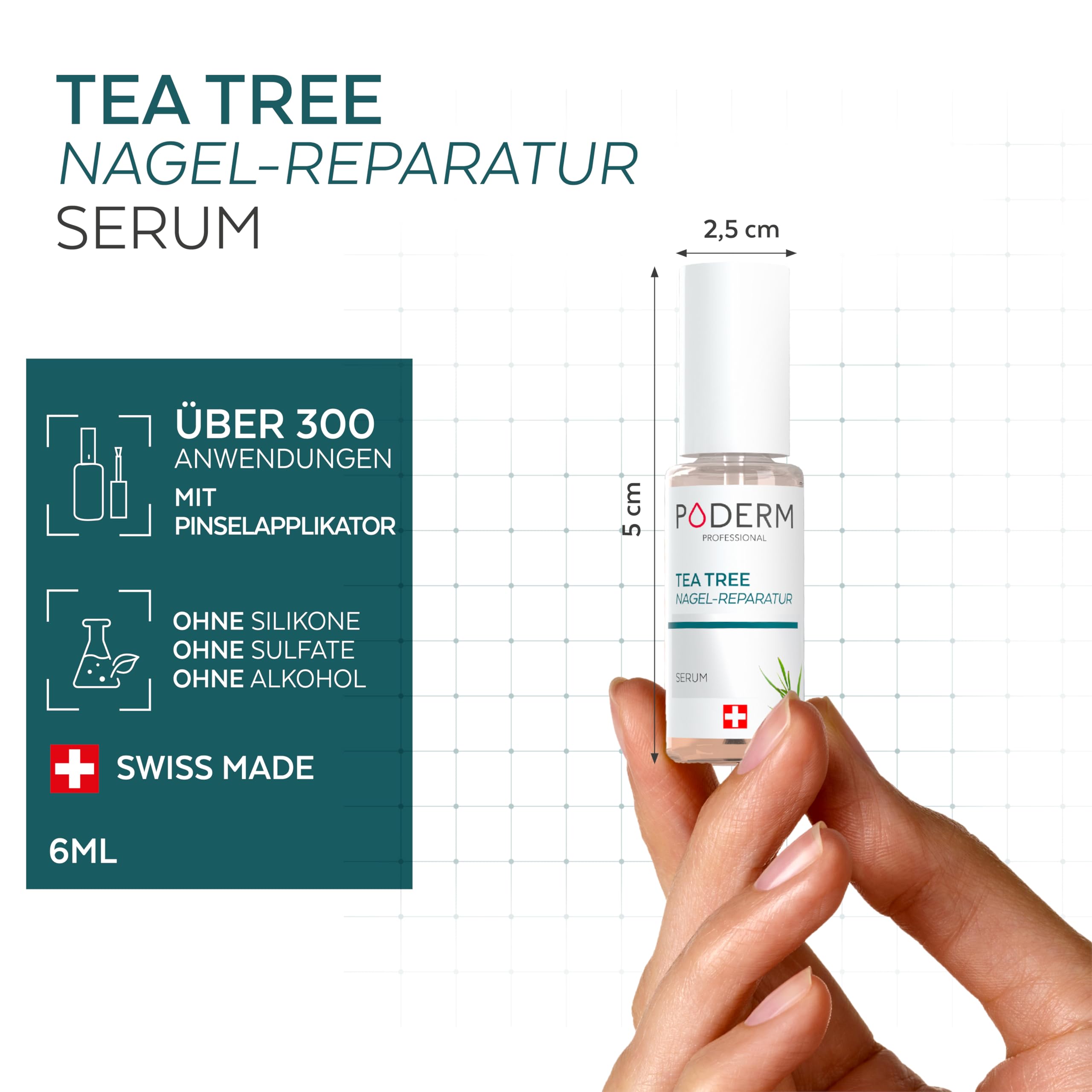 PODERM Tea Tree Nagel-Repair-Serum 6 ml – 4-in-1 Pflege | Verbessert das Erscheinungsbild beschädigter, vergilbter und matter Nägel – Sichtbare Ergebnisse ab dem 1. Tag – Swiss Made