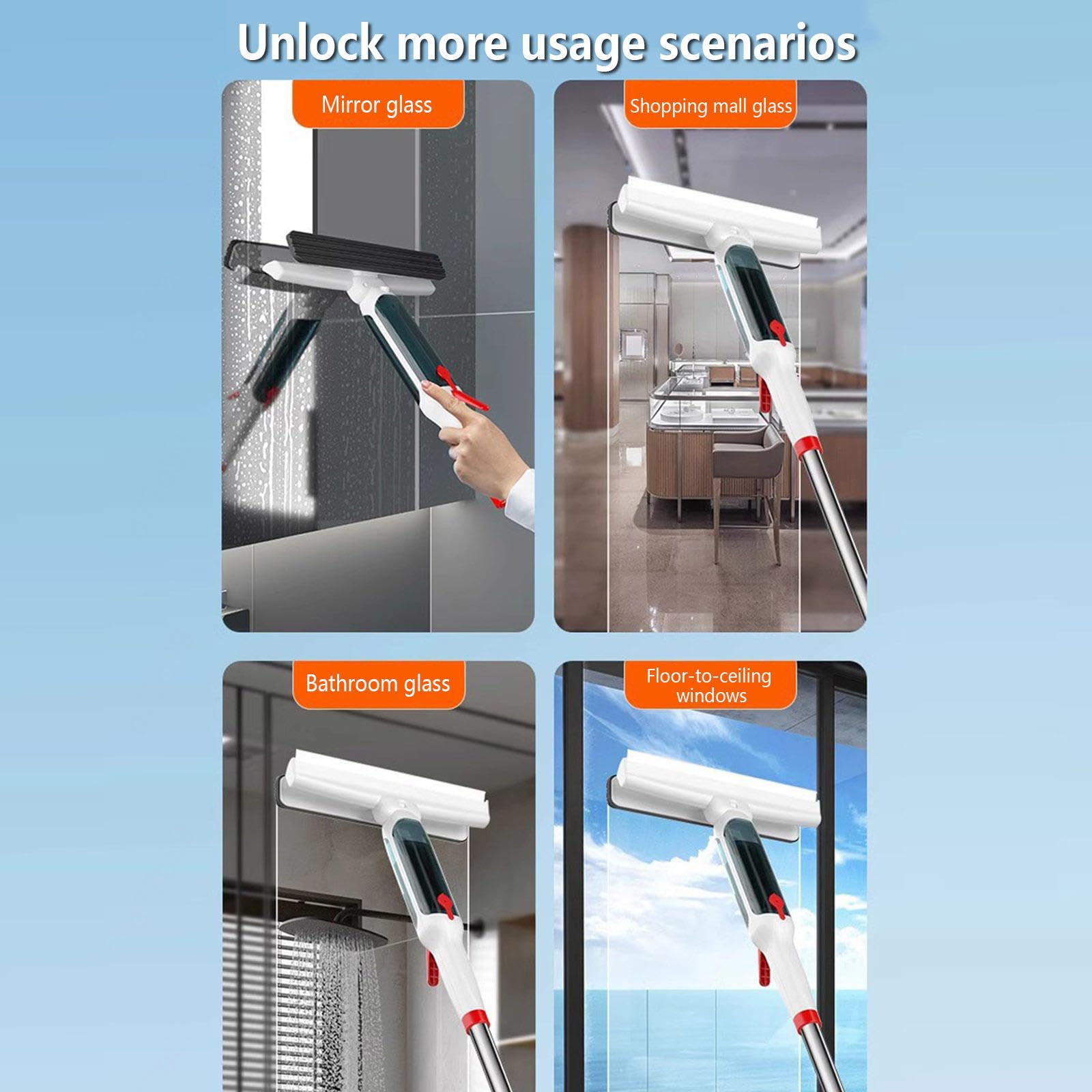 4 en 1 Spray Limpiacristales con Varilla De Extensión, Limpiacristales con Colector De Aguas Residuales Y 5 Paños para Baños,Ventanas,Espejos