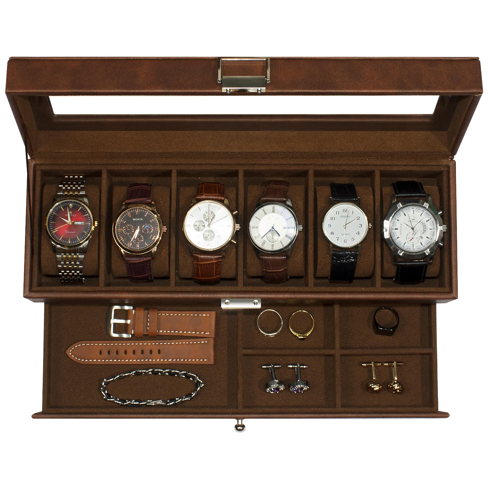 ITNXVKGES Watch Box foe Men, 6 Slots Watch Case with Glass Lid, Double Watch Holder with 1 Wrawer for Rings, Cufflinks,Brown