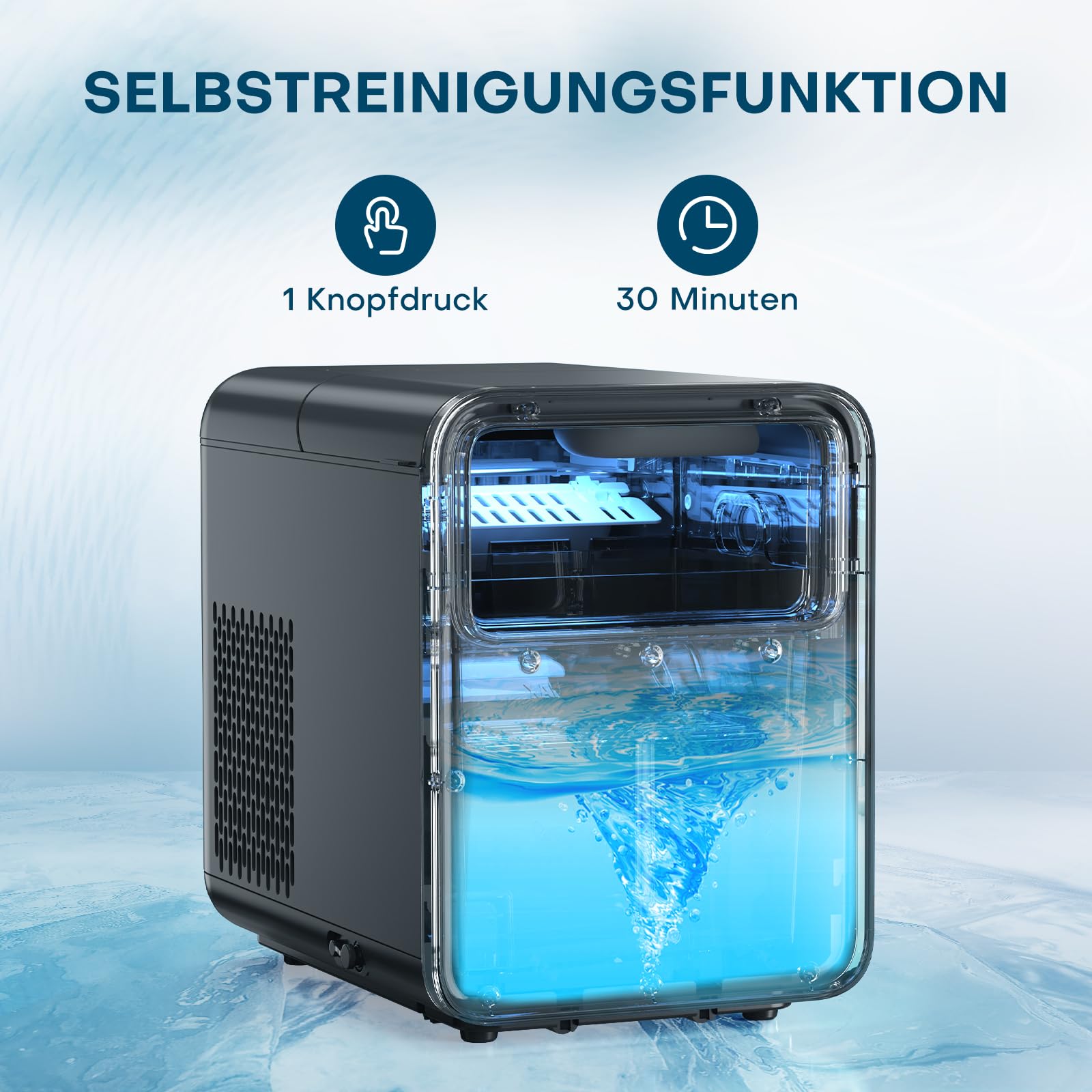QEXREED Eiswürfelmaschine, 9 Würfel in 6 Minuten fertig, 12KG/24H, Eiswürfelbereiter Ice Cube Maker, Eiswürfelmaschine Klein mit Tragbarem Griff und Korb, 2 Eiswürfel-Größen, Selbstreinigendes