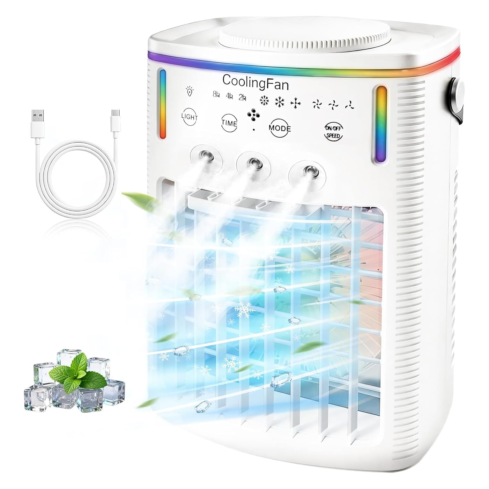 2026 New 4 IN1Portable Air Conditioner, Portable AC for Car, Portable AC for Bedroom with 3 Modes & 3 Speeds, 7-Color LED Light & Remote Control for Office, Camping & Travel(1PCS)