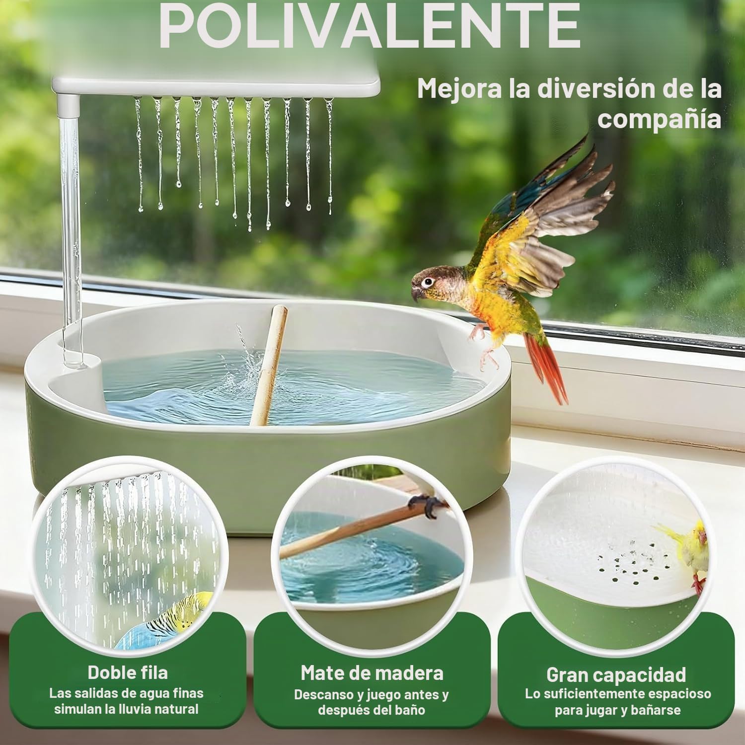 Ducha para Pájaros, Bañera Automática con Bomba USB y Agua en Circulación, Baño para Jaula con Múltiples Salidas, para Periquitos, Ninfas, Agapornis y Pequeños Loros, Verde