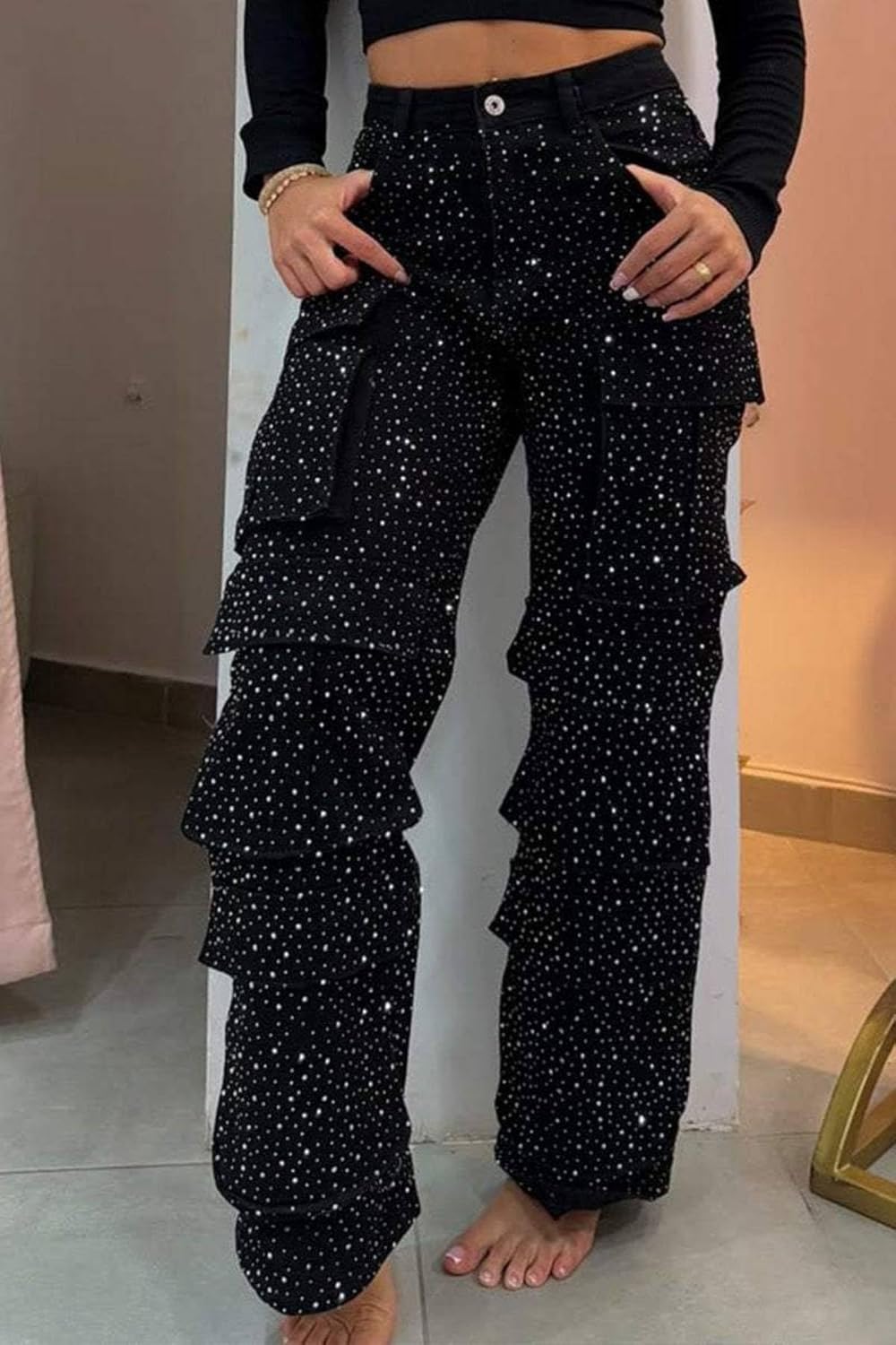 Women's Rhinestone Casual Cargo Jeans High Waisted Bling Sparkly Y2K Baggy Wide Leg Diamond Denim Trousers Multi-Pocket - Image 3