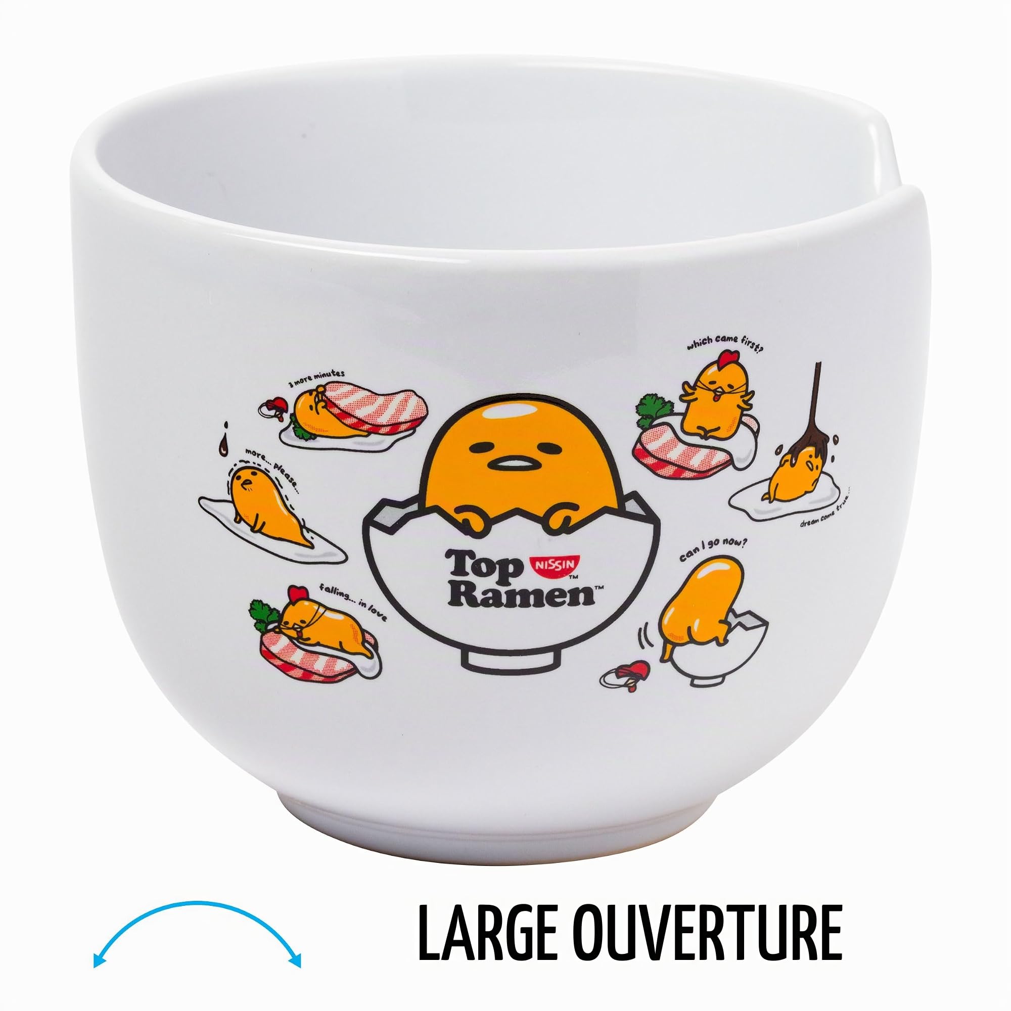 Silver Buffalo Sanrio Gudetama Lazy Egg Poses Top Ramen Nissin Bol à riz en céramique avec baguettes Passe au micro-ondes 590 ml