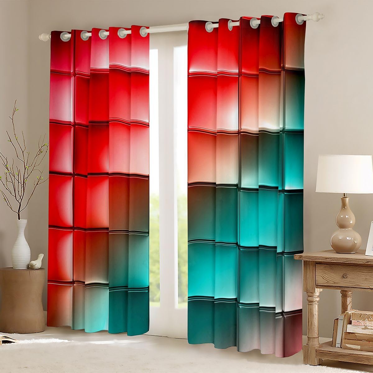 Grid Abstract Blackout Curtains,Red Green Gradient Check Window Treatments for Kitchen,Pixelated Style Geometric Polyetser Window Drapes, 2 Panels, 52Wx84L inch