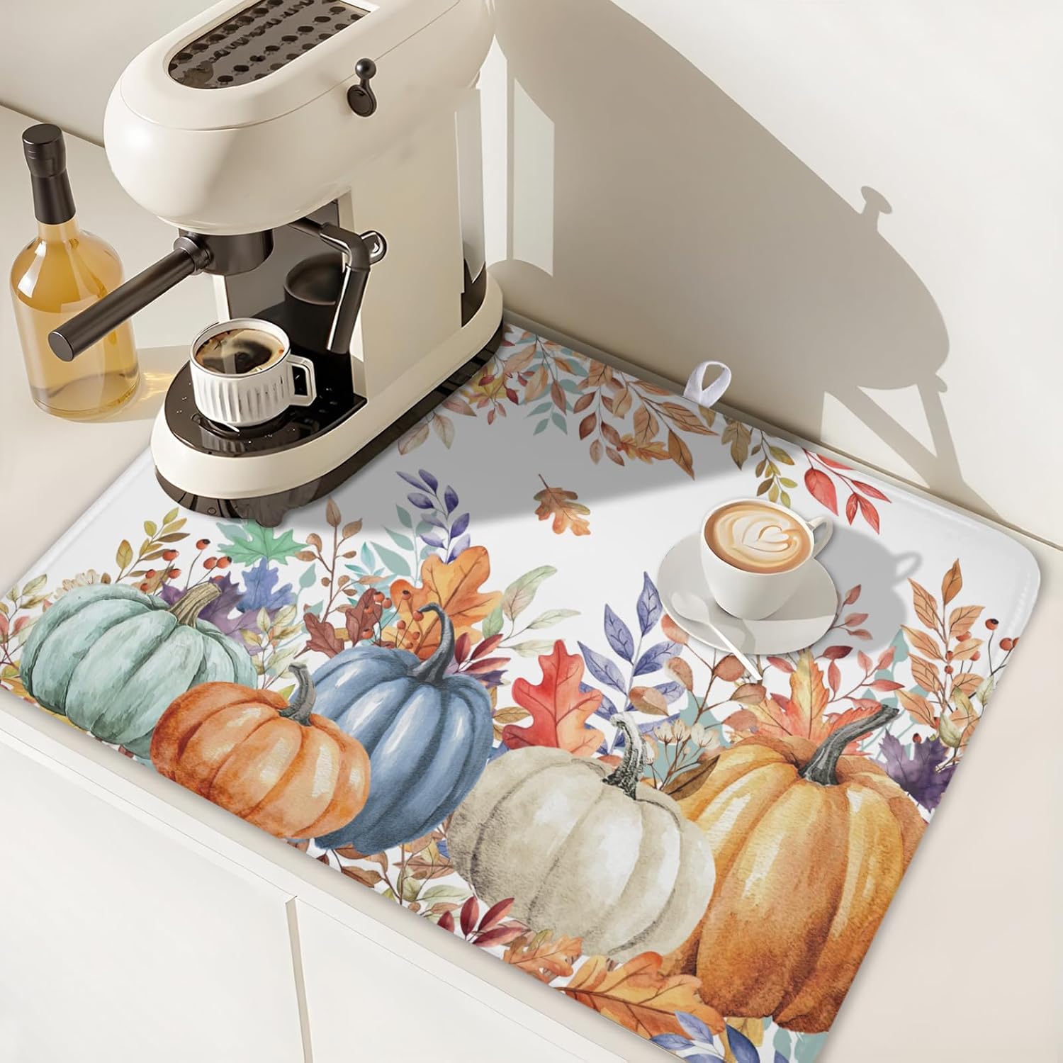 Fall Orange Blue Pumpkin Leaves Dish Drying Mat For Kitchen Counter Autumn Maple Leaf Thanksgiving Harvest Fast Dry Microfiber Absorbent Large Dish Draining Mat Reversible Dishes Pad 18x24 Inch