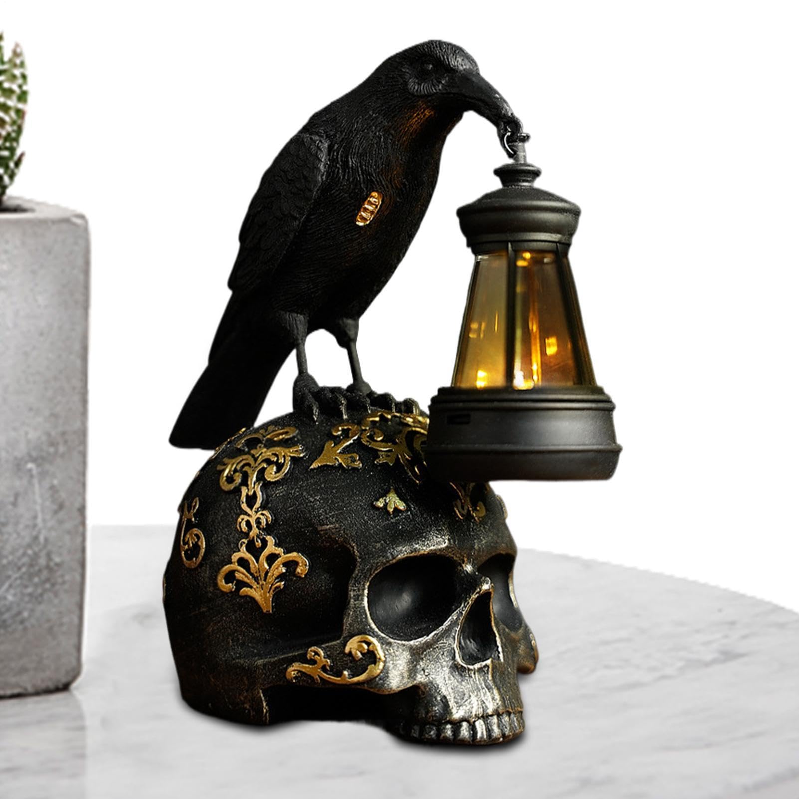 Crâne et corbeau figurine solaire pour illuminer votre porche d'Halloween