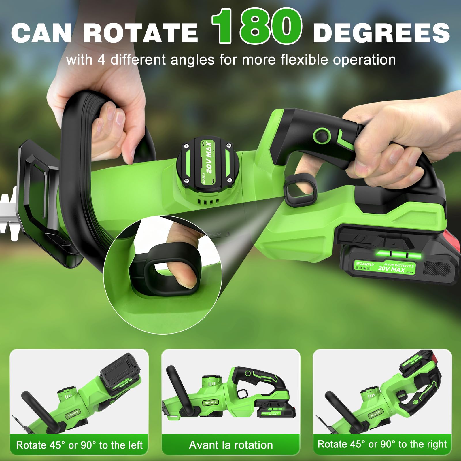 SOARFLY - Cortasetos inalámbrico de 22 pulgadas, cortasetos inalámbrico de 20 V con 2 baterías de 2.0 Ah, mango giratorio de 180°, potente cortasetos de 3000 rpm, recortadora de arbustos para jardín