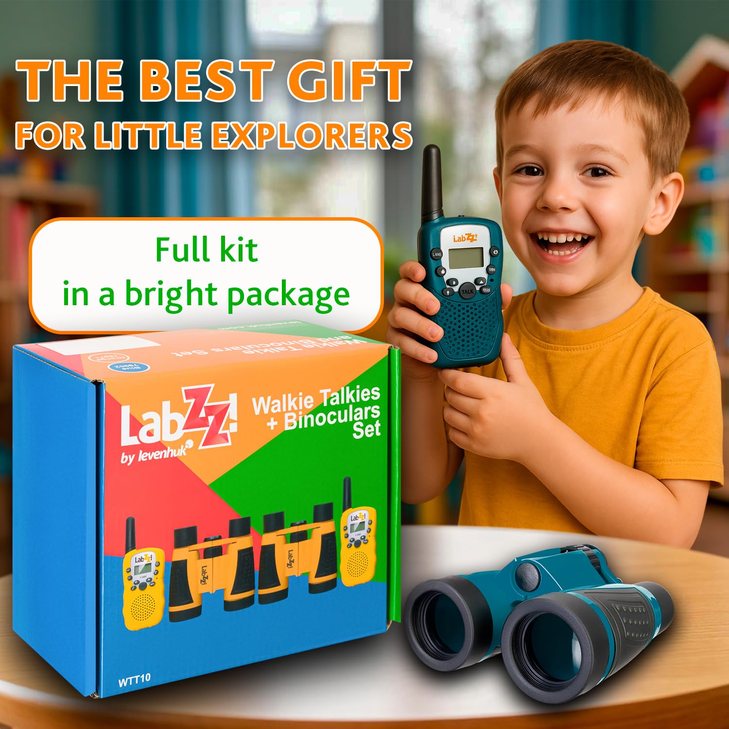 Levenhuk LabZZ WTT10 – Set con Walkie-Talkie e Binocolo per Bambini 3–12 Anni – Gioco di Ruolo per Ragazzi – Comunicazione fino a 3 km – Regalo Perfetto per Avventure all’Aperto e Campeggio, Blu