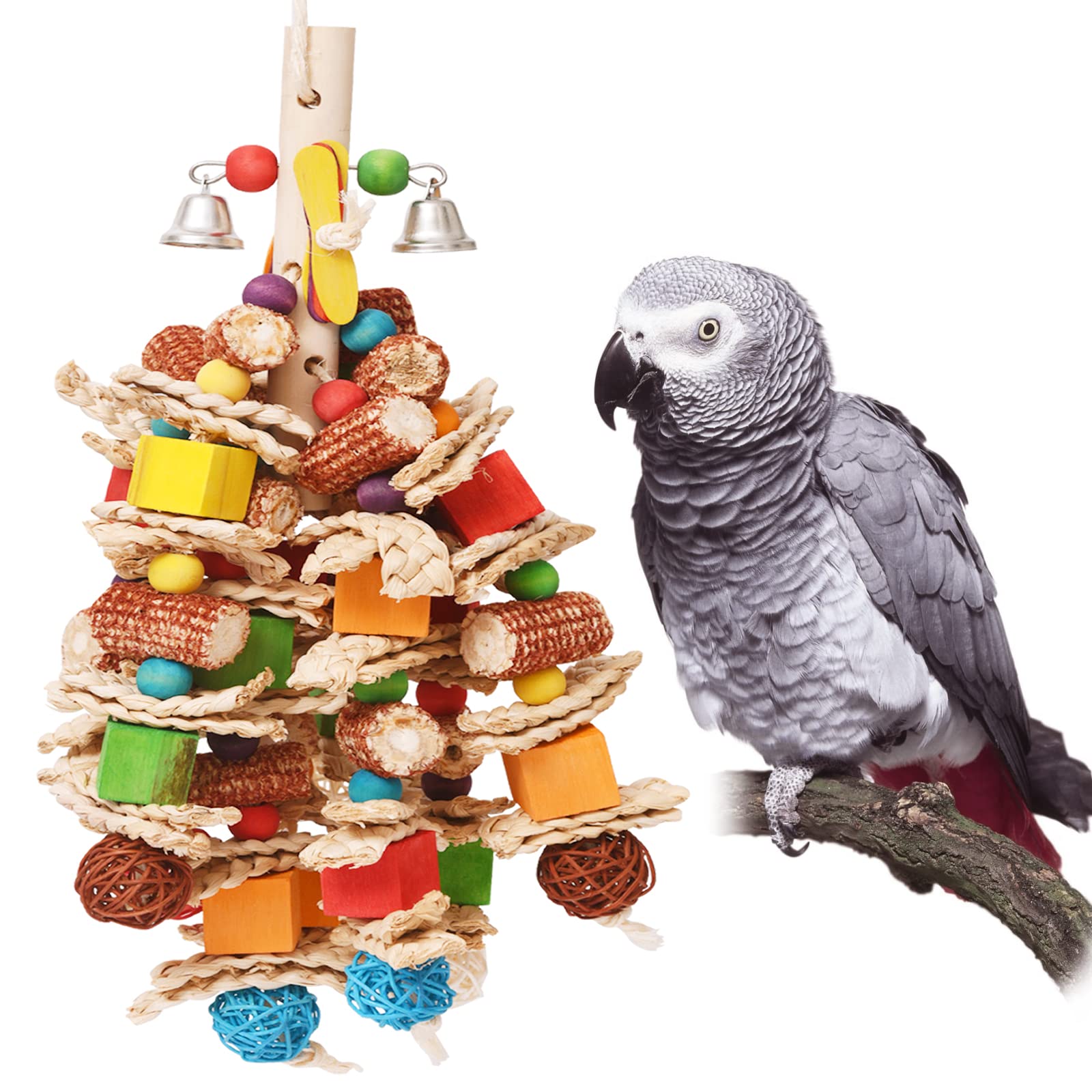 MYMULIKE Parrot Toys for Large Birds, 22 Inch Hanging Chewing Bird Toys, Natural Peppered Wood African Grey Parrots, Macaws, Cockatoos, Amazon Parrot chew Toys, Aviary Hanging ToysMYMULIKE Parrot Toys for Large Birds, 22 Inch Hangi…