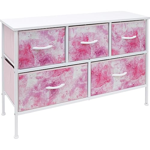 Sorbus Dresser with 5 Drawers - Furniture Storage Chest for Kid’s, Teens, Bedroom, Nursery, Playroom, Clothes, Toys - Steel Frame, Wood Top, Fabric Bins (Tie-Dye Pink)