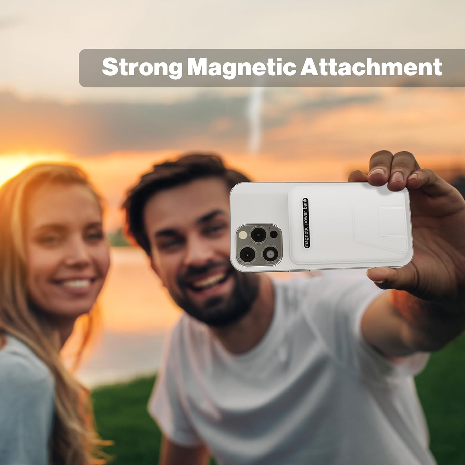 AOGUERBE Power Bank magnetically attached to the back of an iPhone