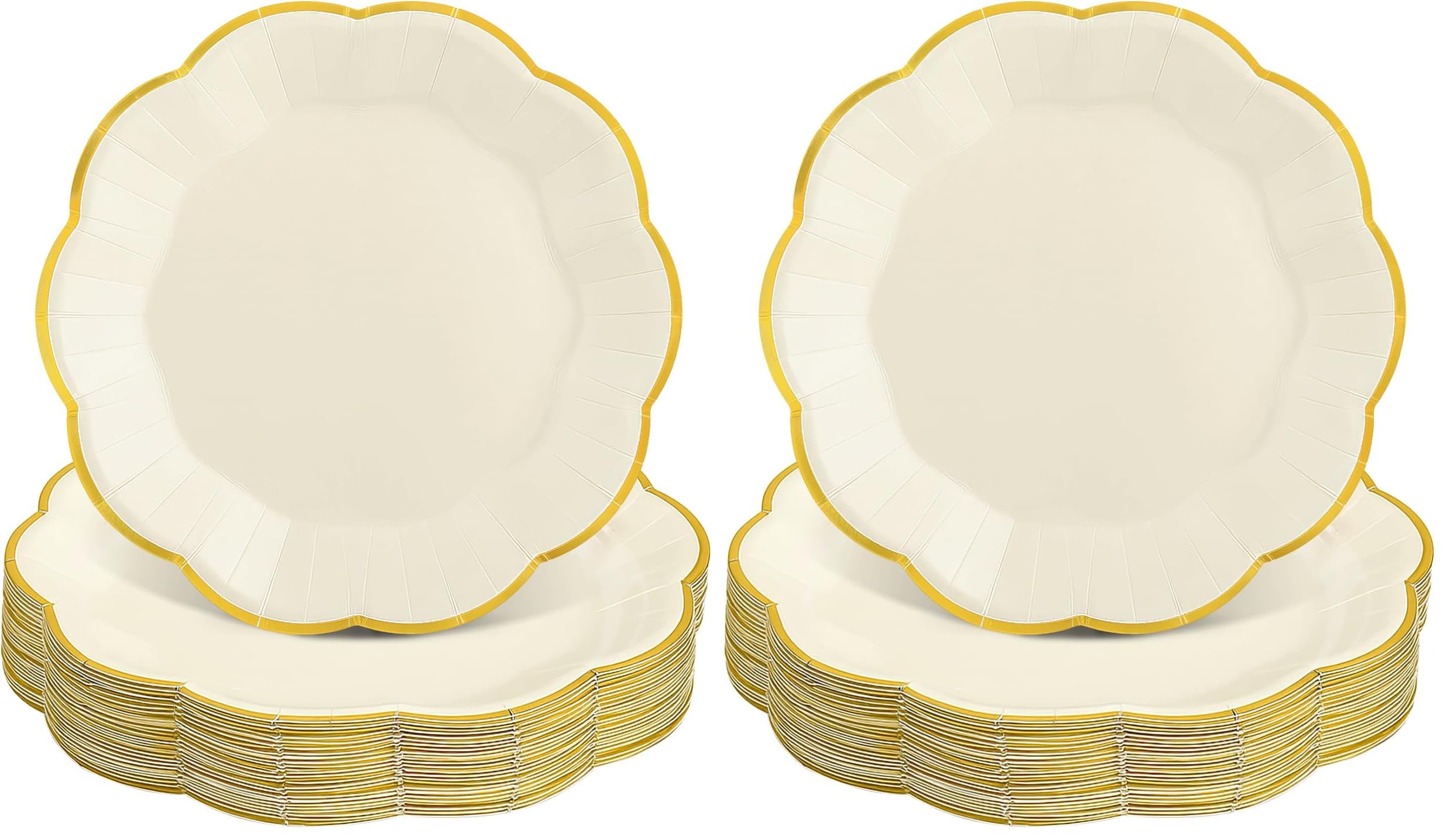 NatNarr 30 Pcs Cream Paper Plates, 7 Inch Ivory New Years Plates with Gold Trim Scalloped White and Gold Plate for New Year, Baby Shower, Wedding (Pack of 2)