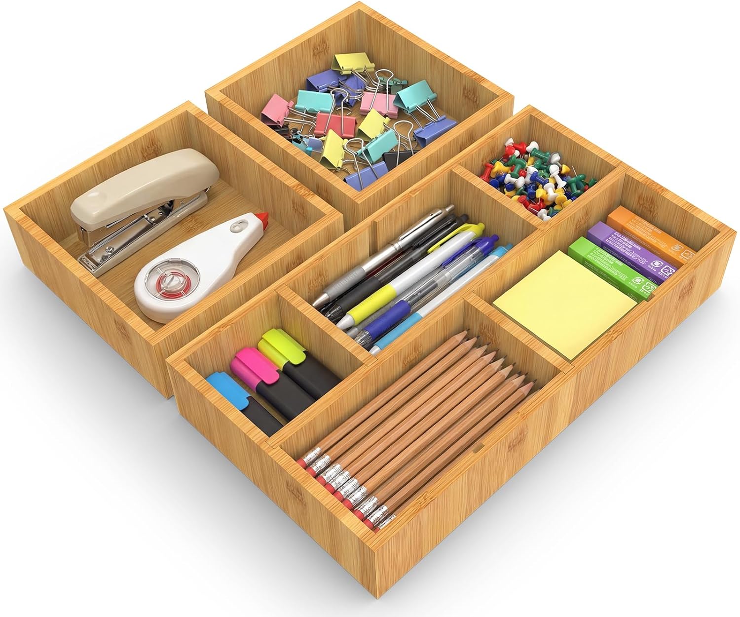 Versatile Bamboo Drawer Organizer with Removable Dividers for Office & Home