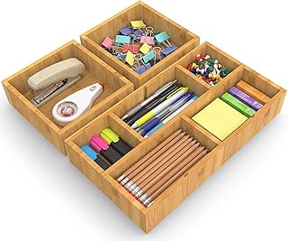 KOCWELL Bamboo Desk Drawer Organizer with Removable Dividers,Multi-Use Office Drawer Organizer Tray,Junk Drawer Organizers for Office,School,Kitchen,Makeup Supply（Original）