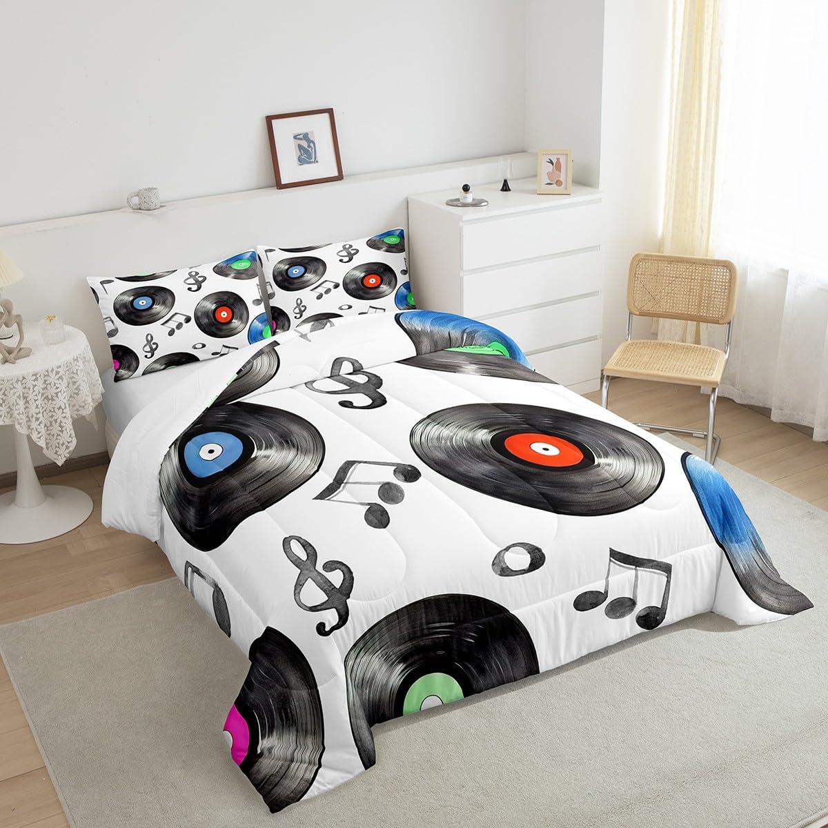 Erosebridal Vinyl Record Comforter Set Queen Size,Music Notes Bedding Set for Kids Teens,Cartoon Hand Drawn Style Quilt Comforter,Musical Audio Melody Reversible Duvet Set,Black Blue Red