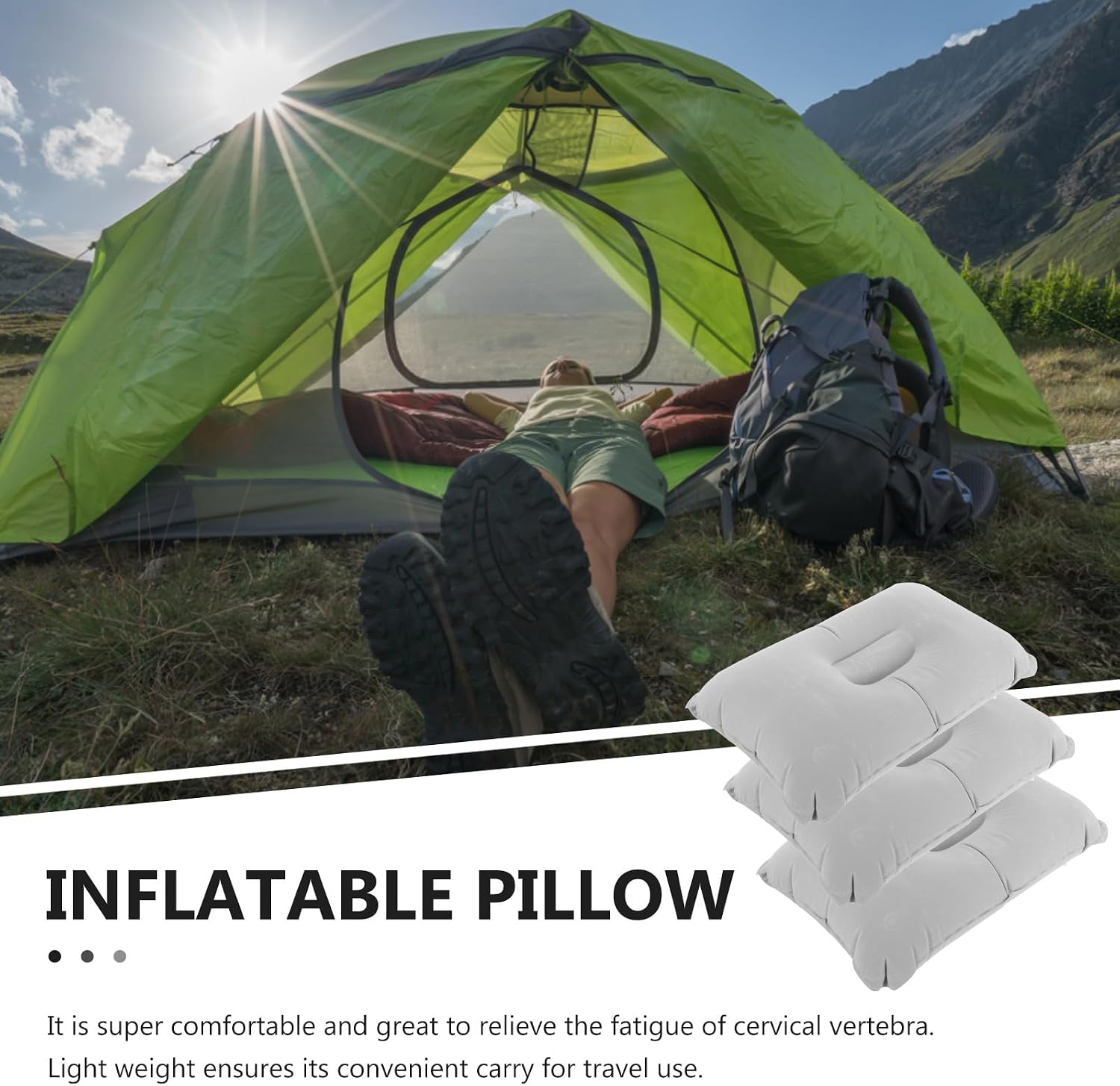 Cabilock 3pcs Large Gray Inflatable Camping Pillow, Portable Travel and Outdoor Sleep Pillow with Flocked Surface for Ergonomic Support and Comfortable Rest During Hiking and Camping