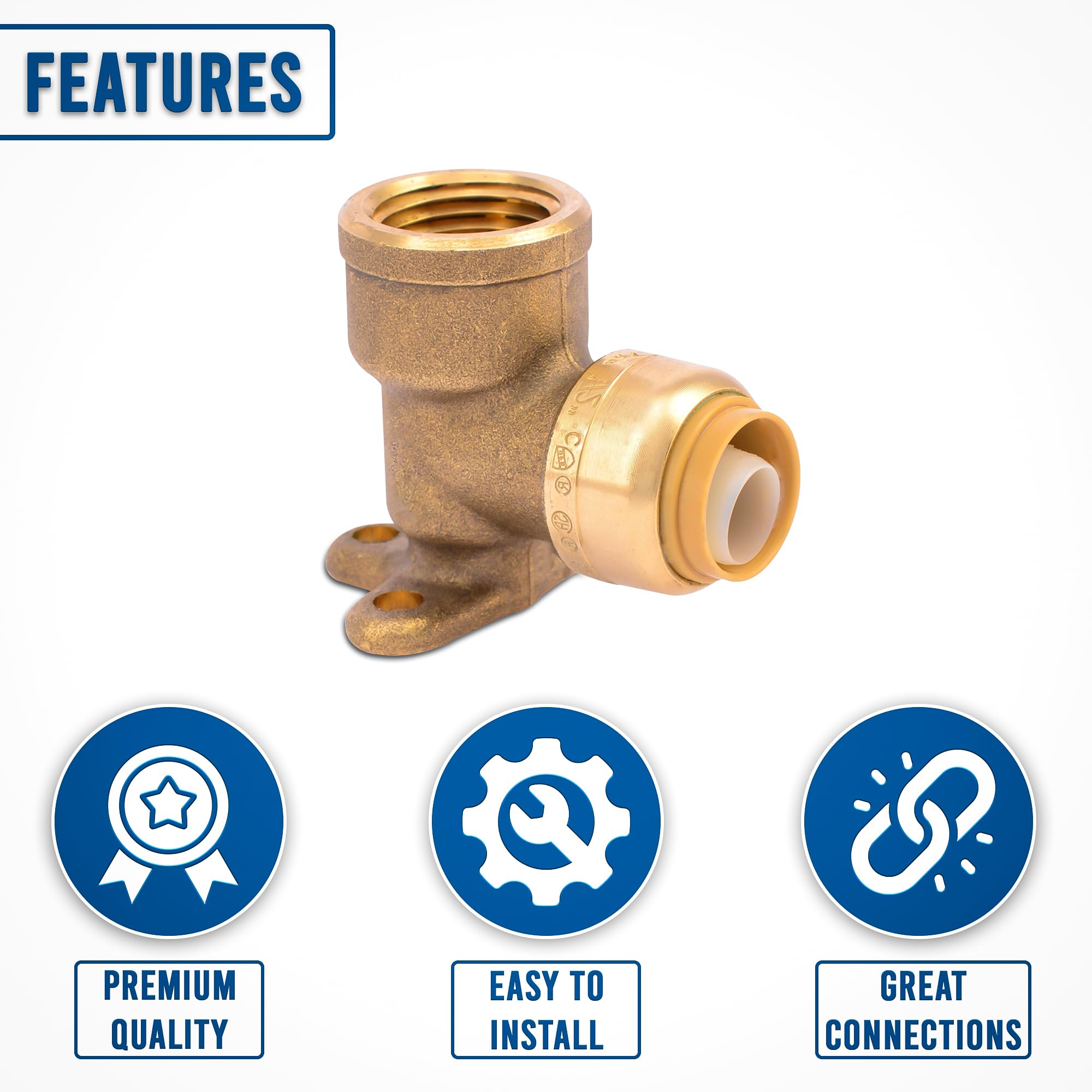 90 Degree Drop Ear Elbow, Push Fit Plumbing Fittings, Push-to-Connect, 1/2