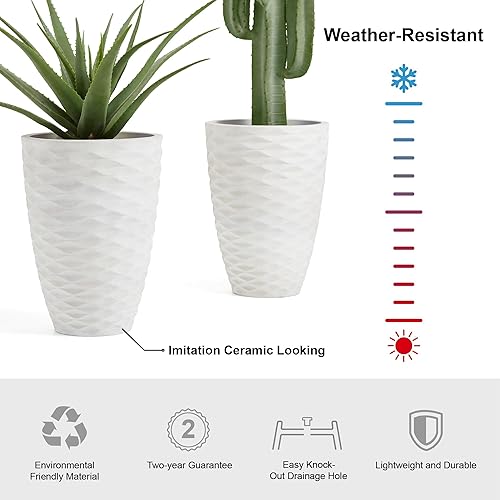 Miniatura 3 de Glitzhome Juego de 2 macetas redondas de gran tamaño de porcelana sintética de poliresina con diamantes de 19 pulgadas de alto, color blanco