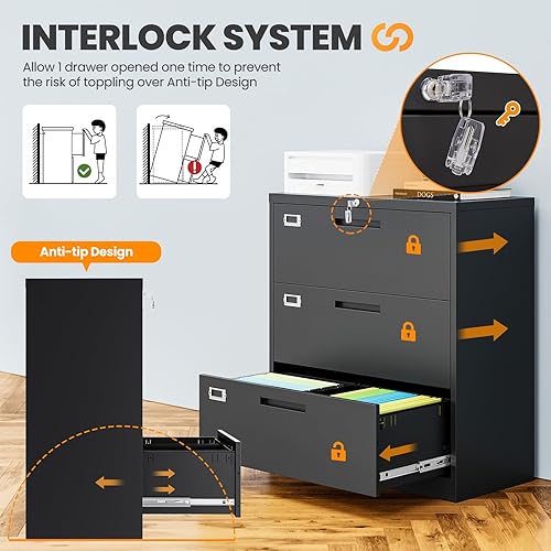 Vista 131 de Archivador de 3 cajones, archivador móvil totalmente ensamblado con cerradura para oficina en casa, caninete de metal con ruedas, cabina de tres