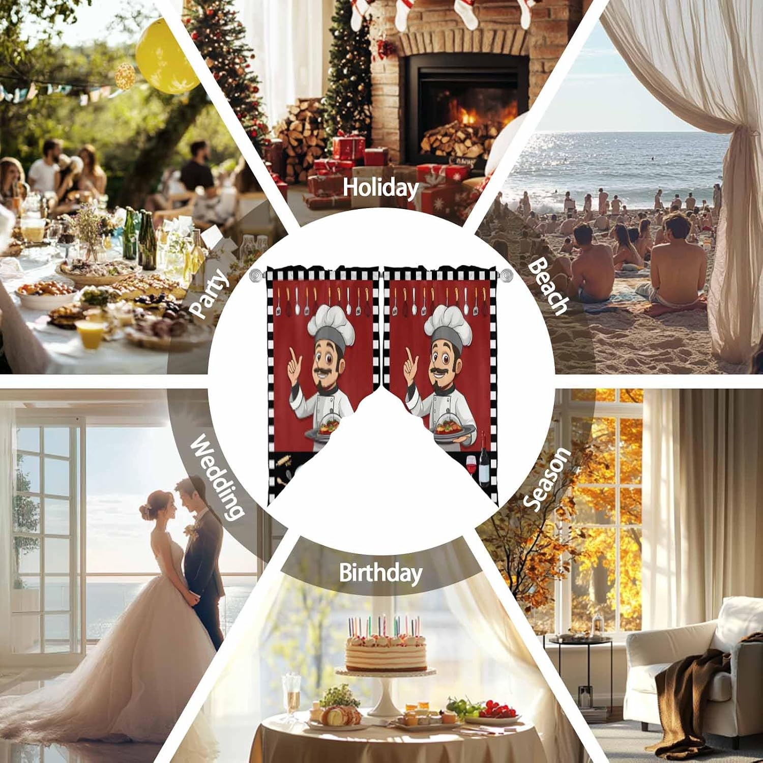 Chef Swag Valances Red Kitchen Curtains 36 Inches Length, Black White Check Tier Drapes Swag Topper, Farmhouse Food Cooking Plaid Short Window Treatments for Small Windows Bathroom 2 Panels 28"x36"
